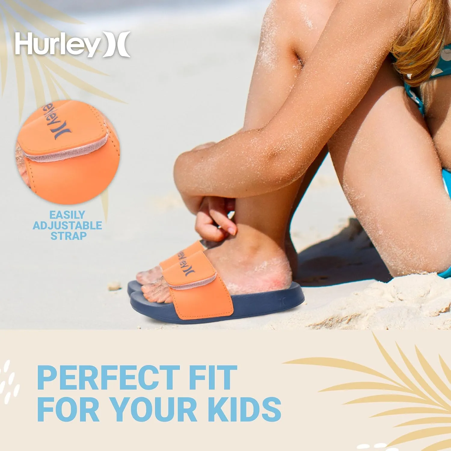 Hurley Naia Slides for Girls and Boys - Comfortable Slip-On Kids Sandals with Adjustable Strap, Unisex Slides for Indoor and Outdoor, Adjustable Sporty Slides for The Beach and Pool
