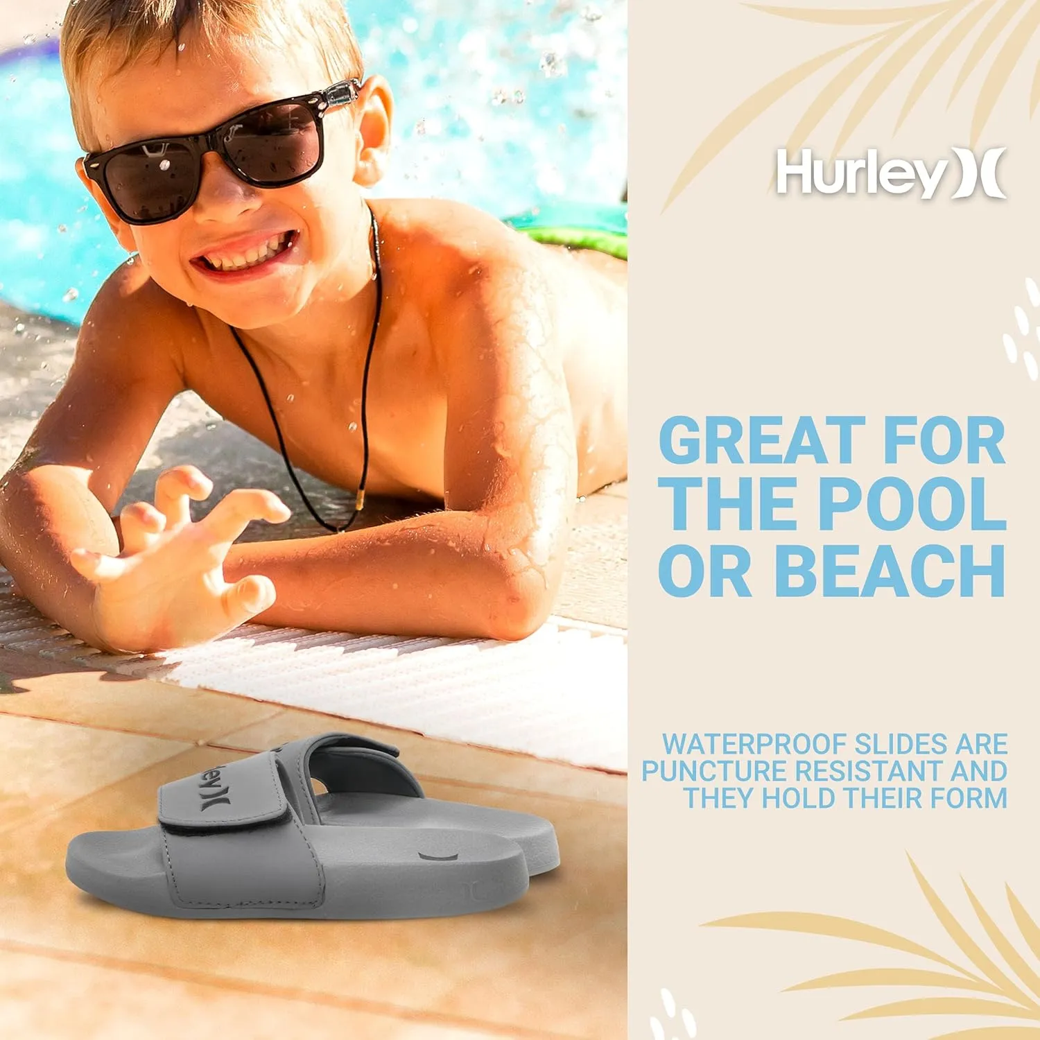 Hurley Naia Slides for Girls and Boys - Comfortable Slip-On Kids Sandals with Adjustable Strap, Unisex Slides for Indoor and Outdoor, Adjustable Sporty Slides for The Beach and Pool