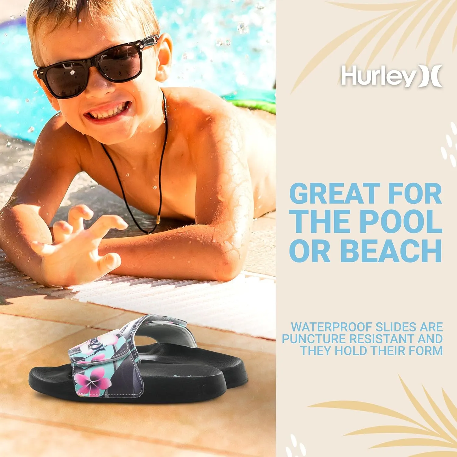 Hurley Naia Slides for Girls and Boys - Comfortable Slip-On Kids Sandals with Adjustable Strap, Unisex Slides for Indoor and Outdoor, Adjustable Sporty Slides for The Beach and Pool