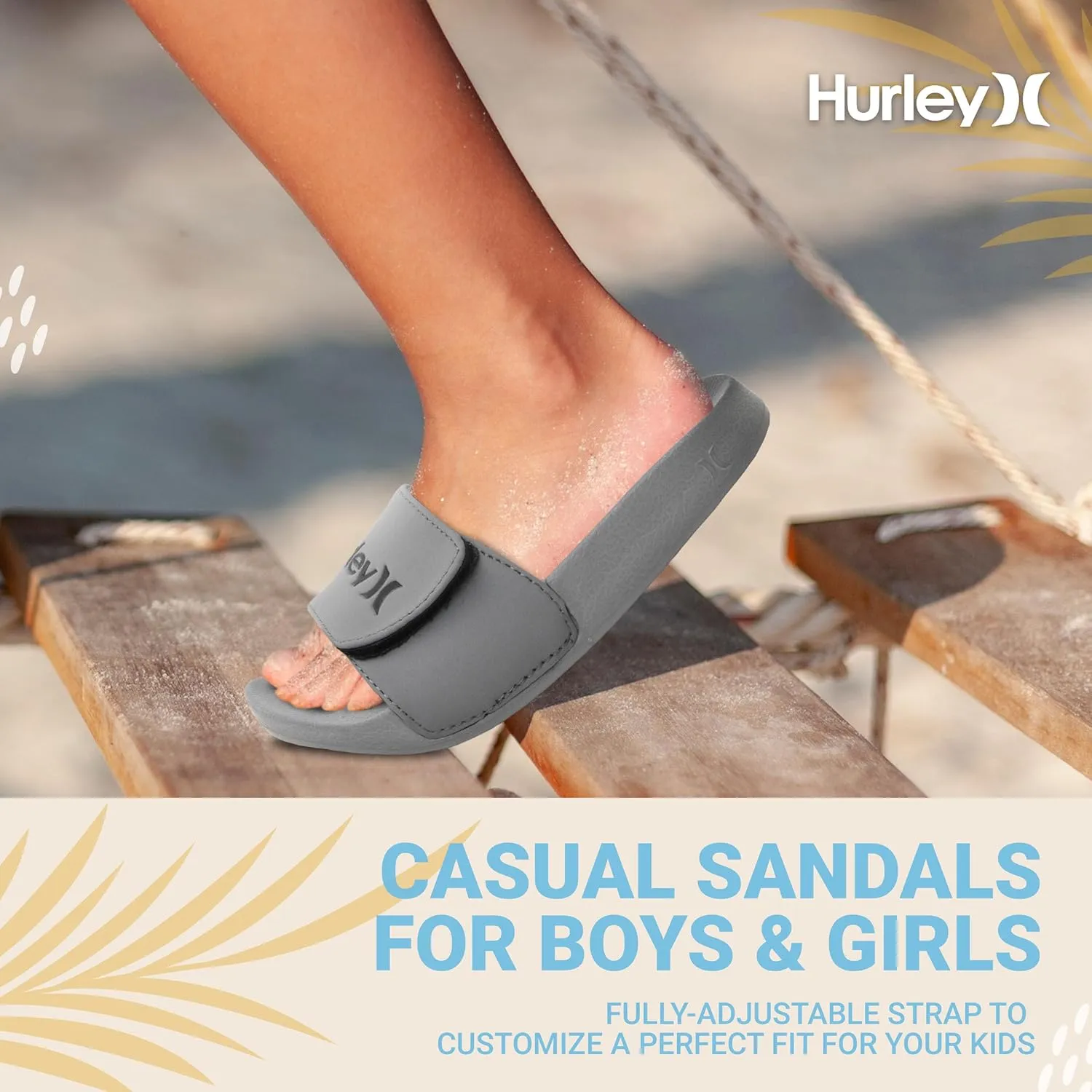 Hurley Naia Slides for Girls and Boys - Comfortable Slip-On Kids Sandals with Adjustable Strap, Unisex Slides for Indoor and Outdoor, Adjustable Sporty Slides for The Beach and Pool
