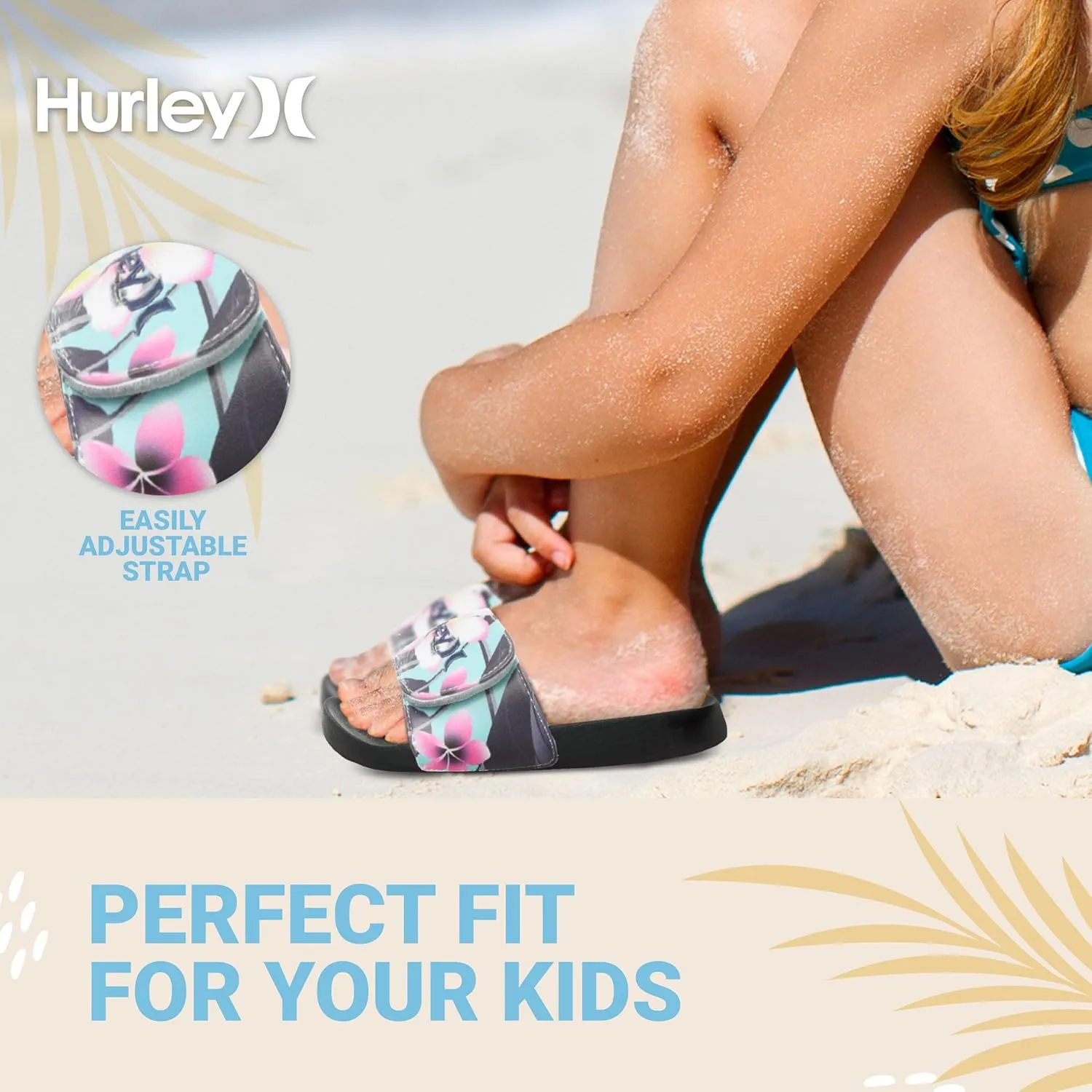 Hurley Naia Slides for Girls and Boys - Comfortable Slip-On Kids Sandals with Adjustable Strap, Unisex Slides for Indoor and Outdoor, Adjustable Sporty Slides for The Beach and Pool