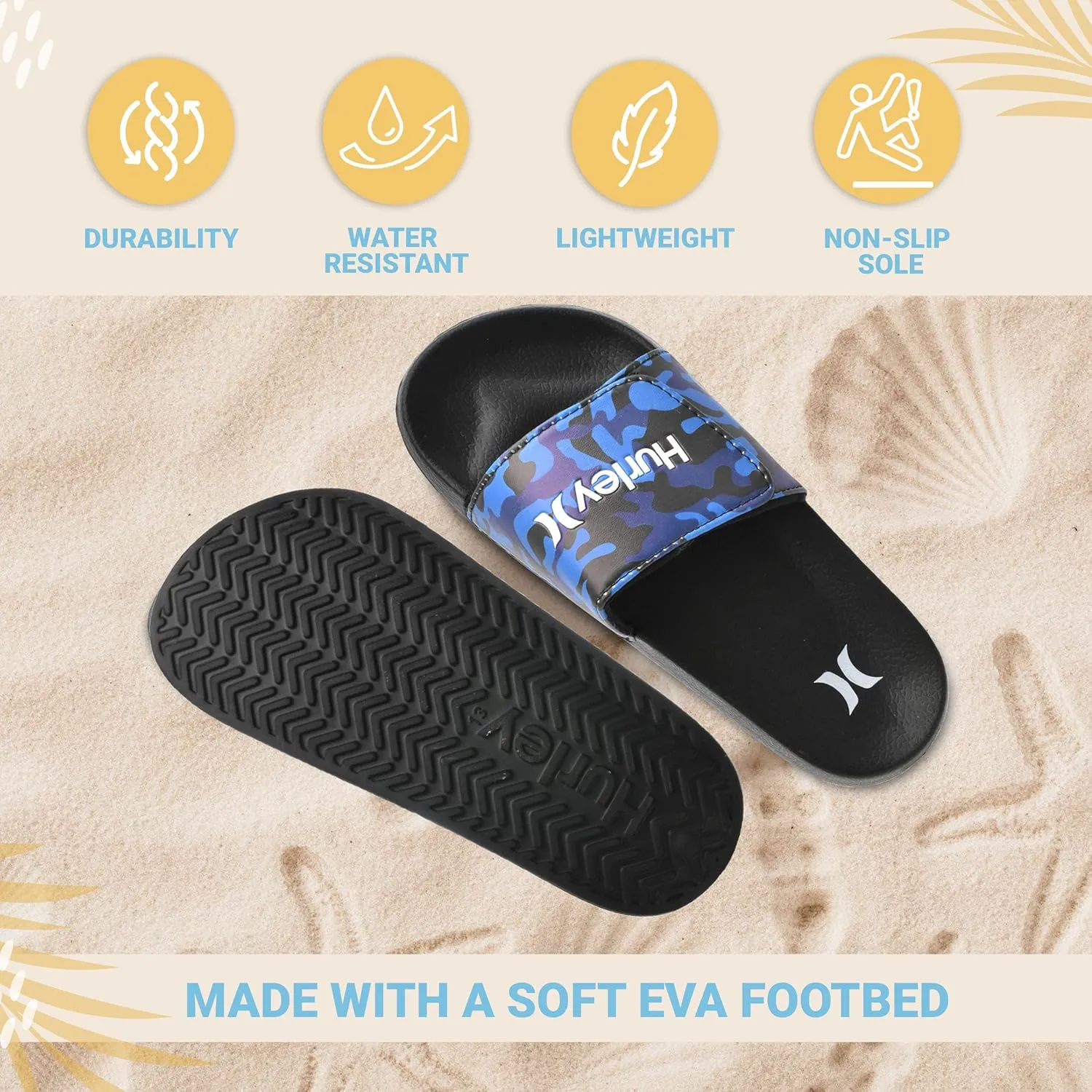 Hurley Naia Slides for Girls and Boys - Comfortable Slip-On Kids Sandals with Adjustable Strap, Unisex Slides for Indoor and Outdoor, Adjustable Sporty Slides for The Beach and Pool