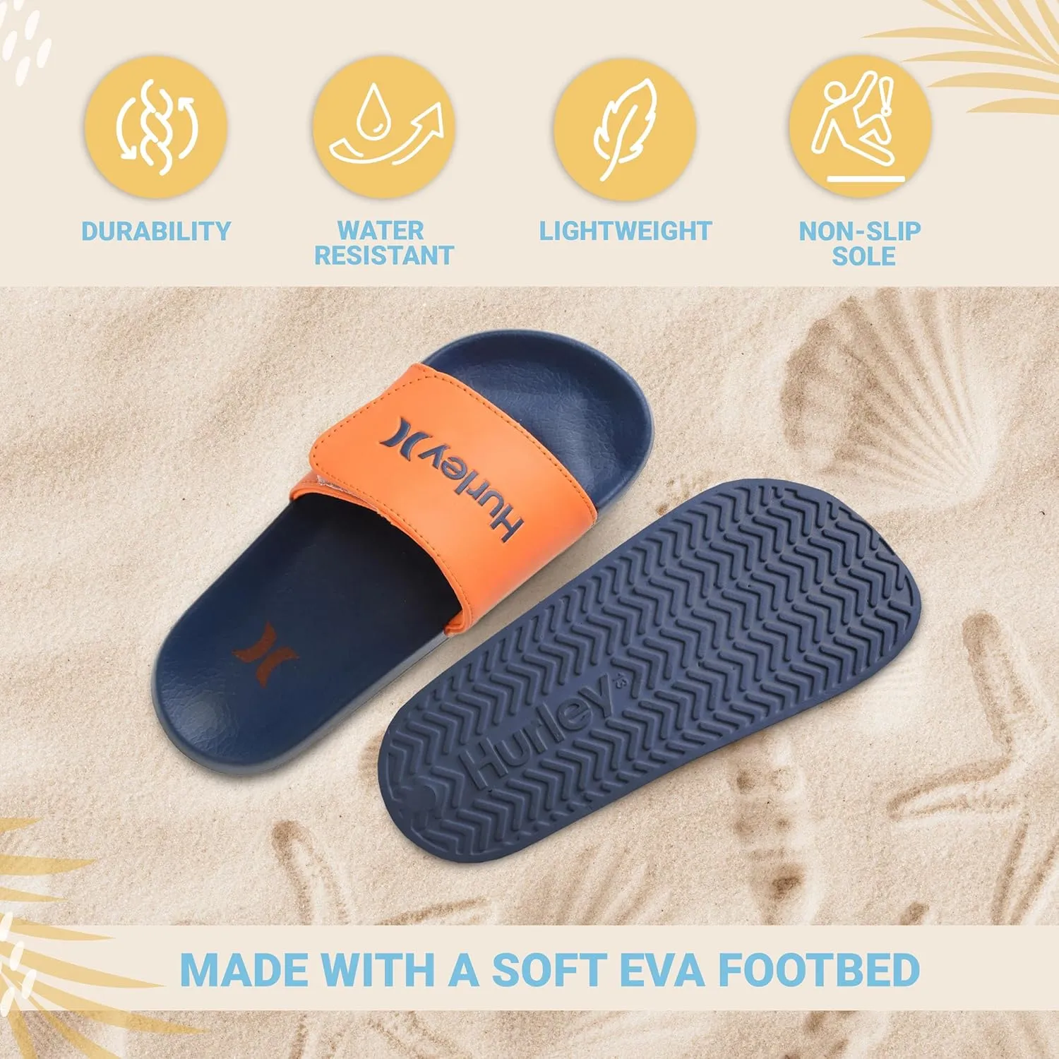 Hurley Naia Slides for Girls and Boys - Comfortable Slip-On Kids Sandals with Adjustable Strap, Unisex Slides for Indoor and Outdoor, Adjustable Sporty Slides for The Beach and Pool