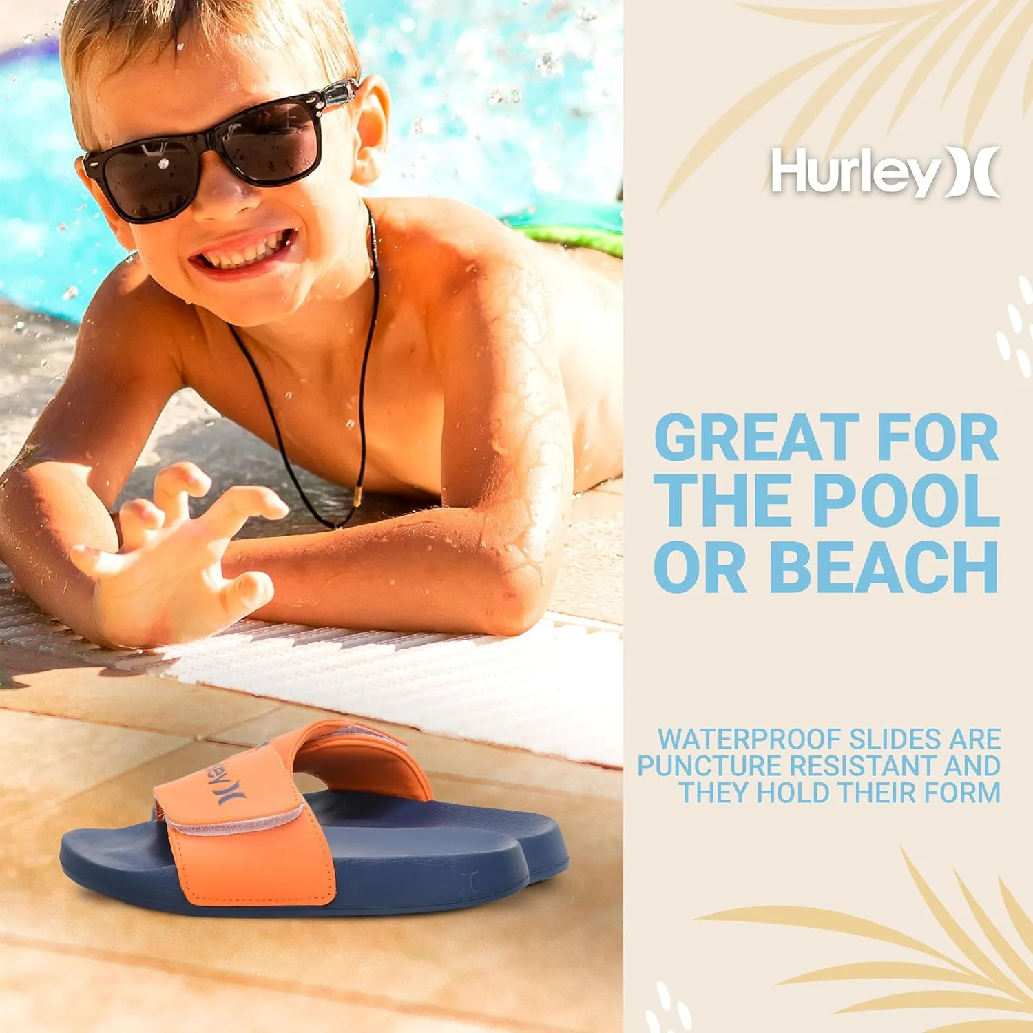 Hurley Naia Slides for Girls and Boys - Comfortable Slip-On Kids Sandals with Adjustable Strap, Unisex Slides for Indoor and Outdoor, Adjustable Sporty Slides for The Beach and Pool