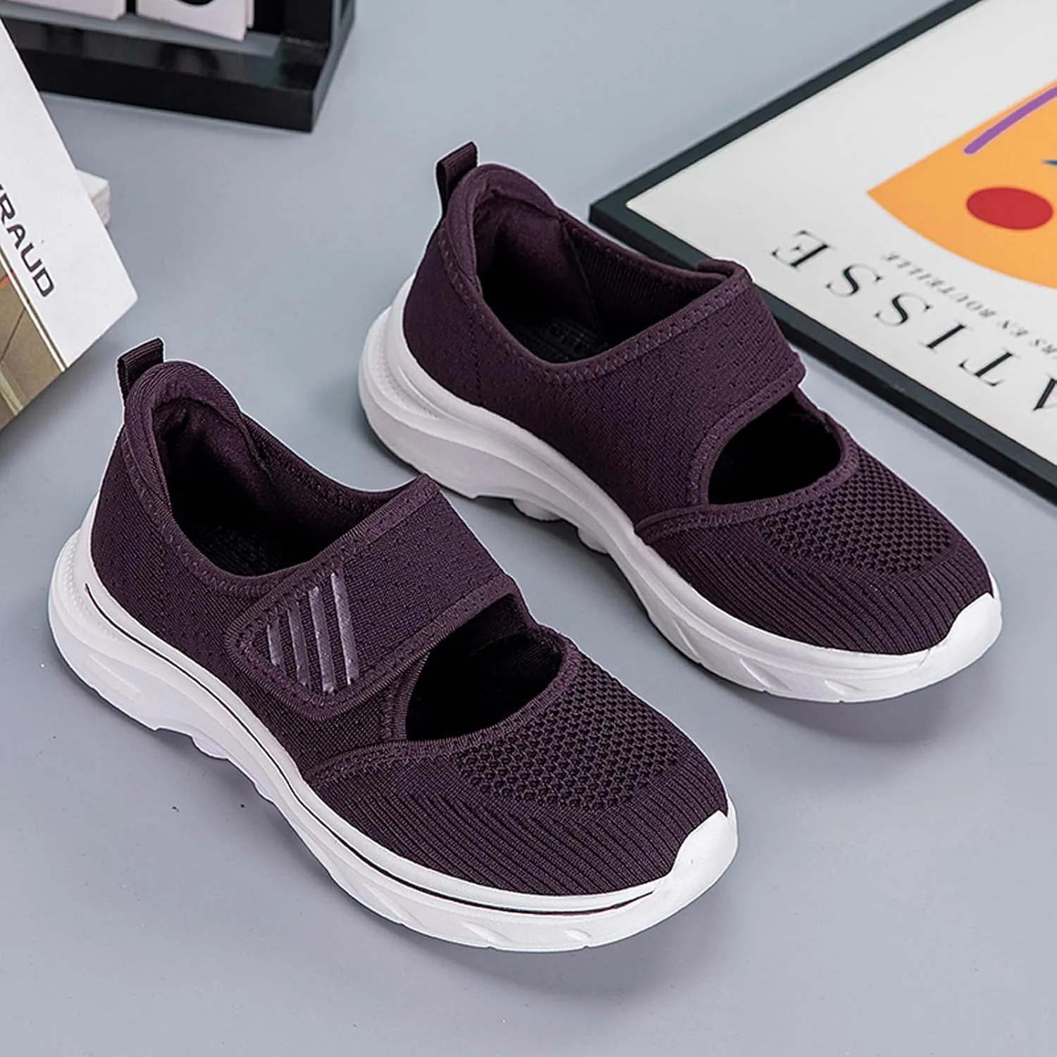 ihinzry Womens Walking Shoes Orthopedic Shoes Lightweight Breathable Knitted Loafers Hook and Loop Sneakers