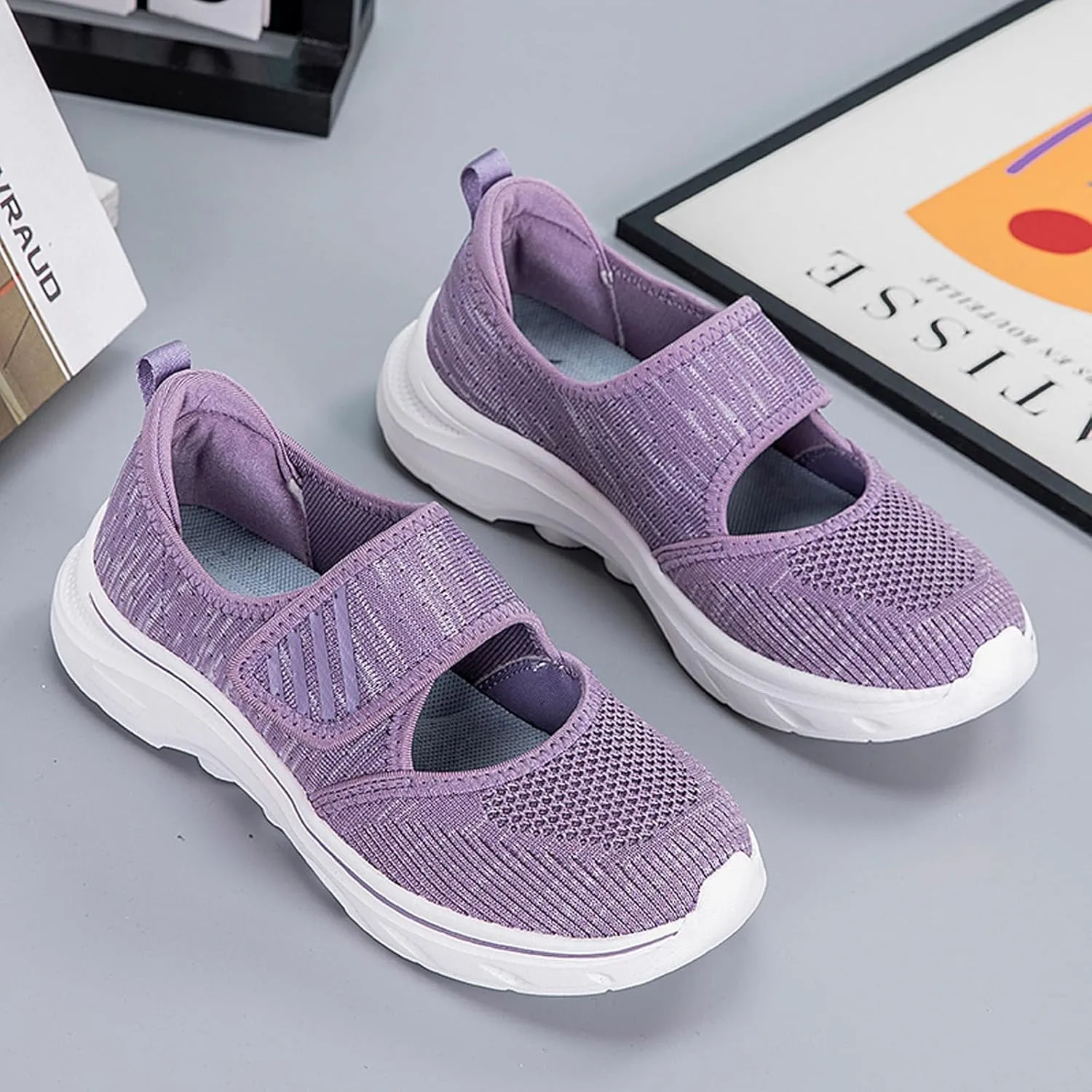 ihinzry Womens Walking Shoes Orthopedic Shoes Lightweight Breathable Knitted Loafers Hook and Loop Sneakers