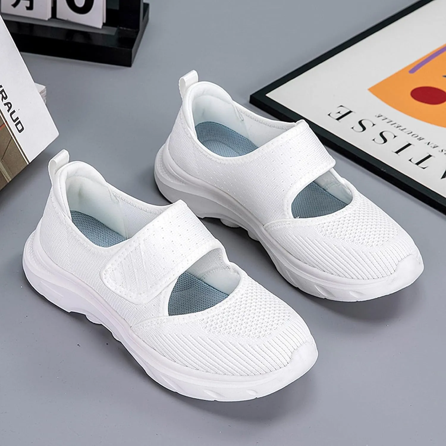 ihinzry Womens Walking Shoes Orthopedic Shoes Lightweight Breathable Knitted Loafers Hook and Loop Sneakers