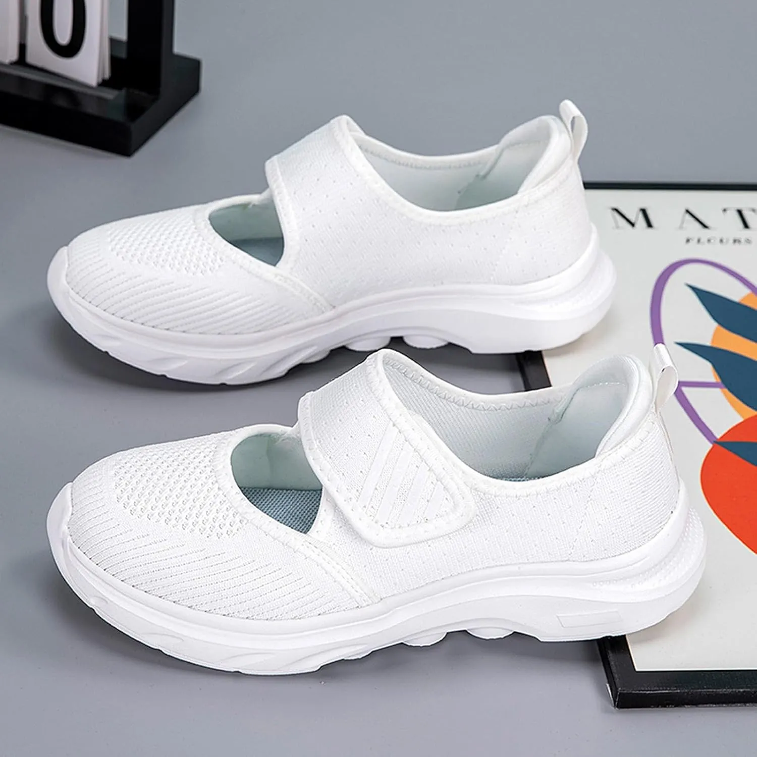 ihinzry Womens Walking Shoes Orthopedic Shoes Lightweight Breathable Knitted Loafers Hook and Loop Sneakers