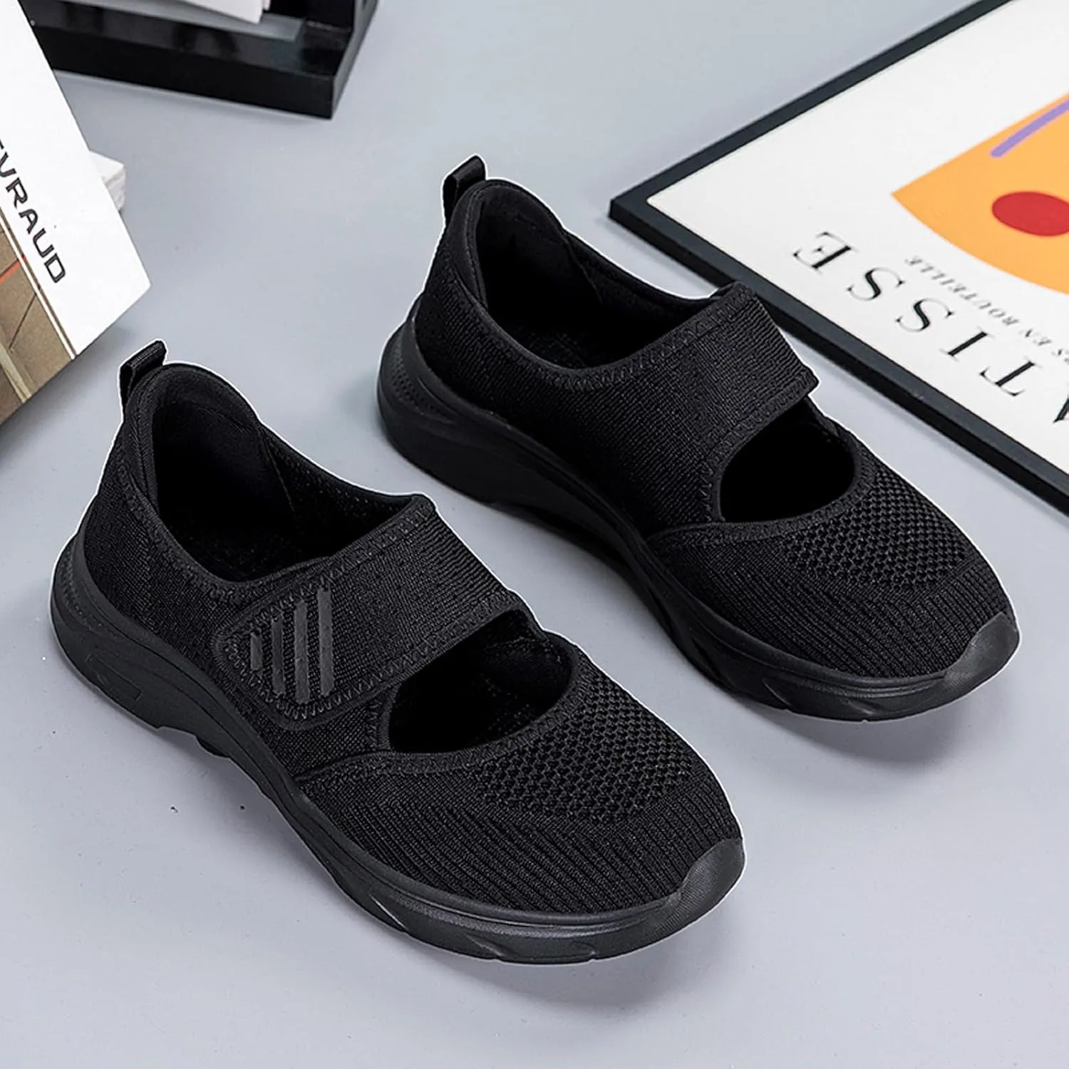 ihinzry Womens Walking Shoes Orthopedic Shoes Lightweight Breathable Knitted Loafers Hook and Loop Sneakers