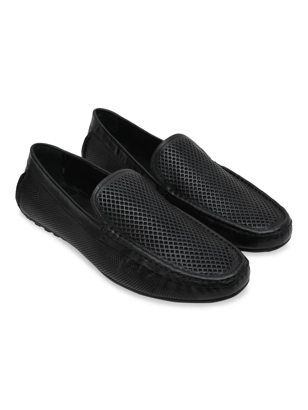 Imperio By Regal Black Mens Casual Leather Laser Cut Loafers