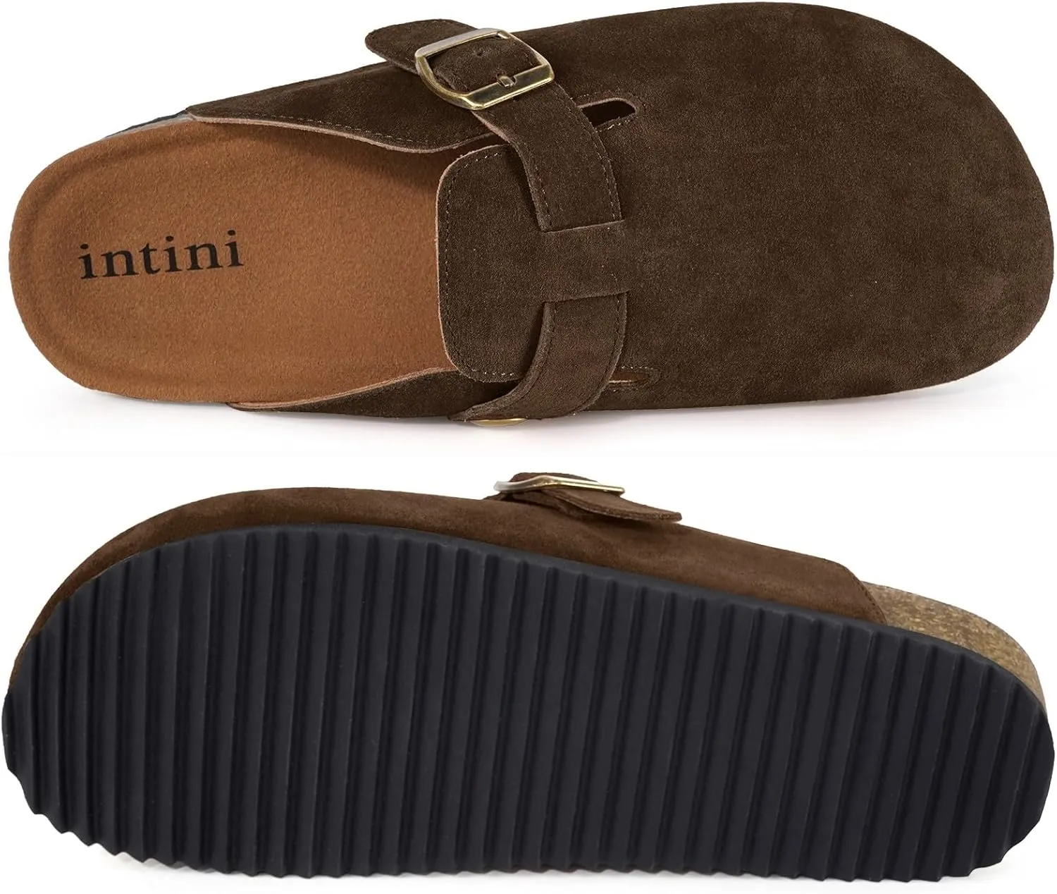 Intini Womens Suede Clogs Mens Leather Mules Cork Footbed Sandals with Arch Support