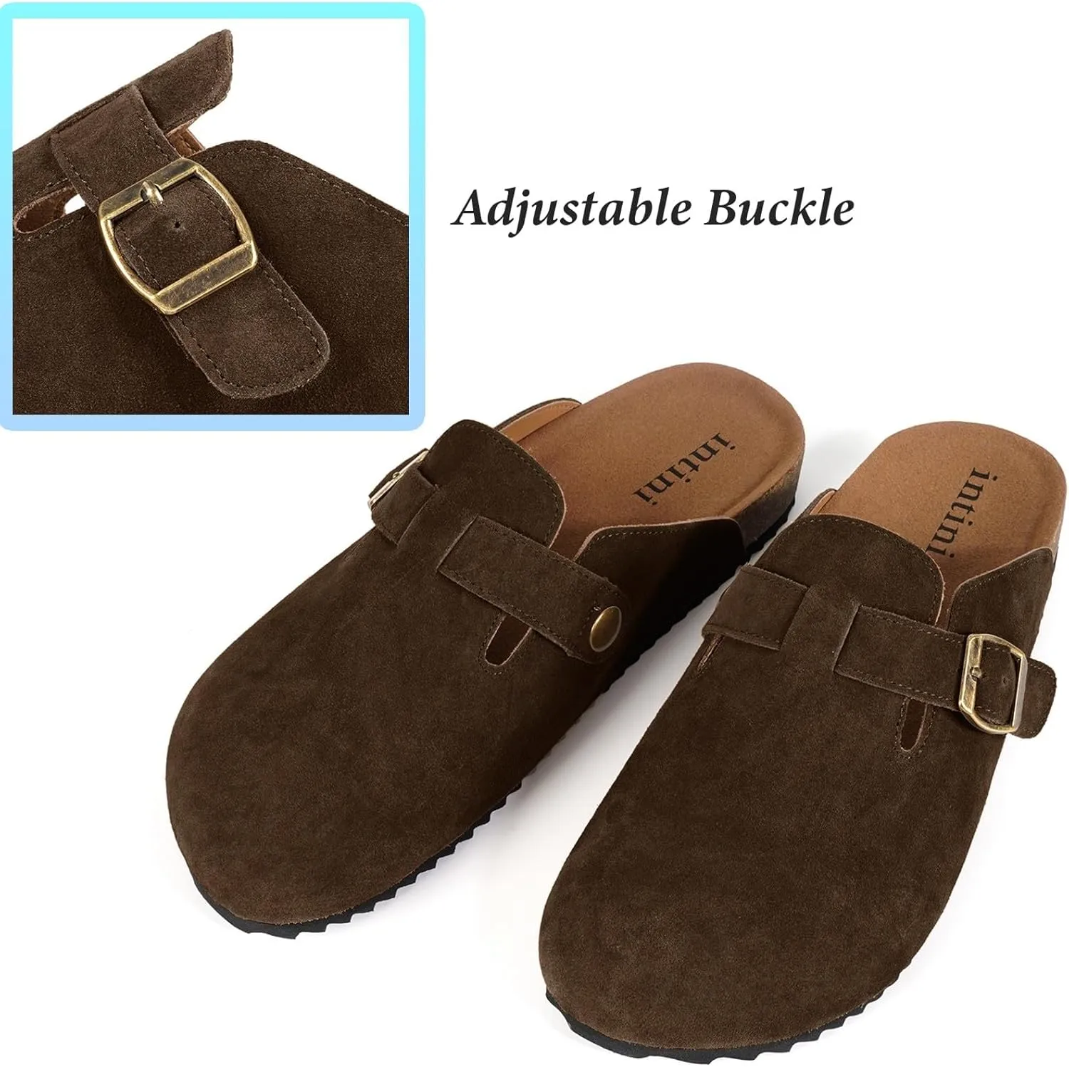 Intini Womens Suede Clogs Mens Leather Mules Cork Footbed Sandals with Arch Support