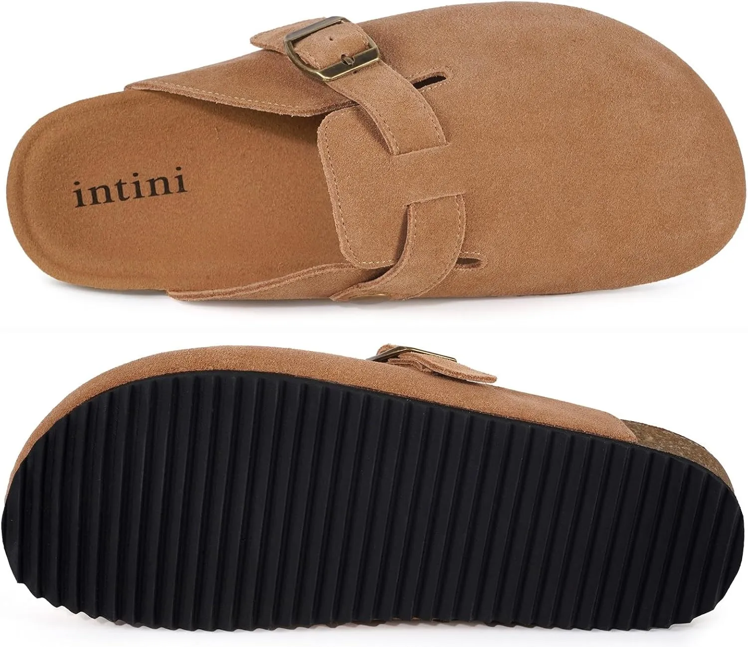Intini Womens Suede Clogs Mens Leather Mules Cork Footbed Sandals with Arch Support