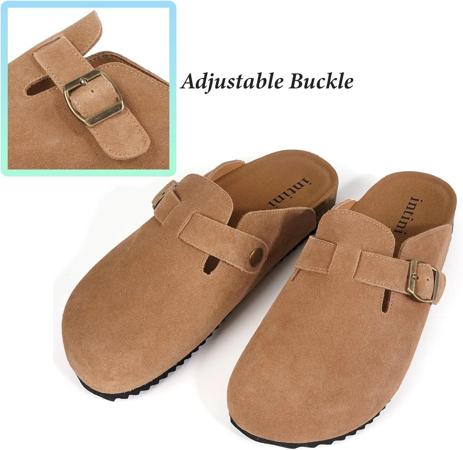 Intini Womens Suede Clogs Mens Leather Mules Cork Footbed Sandals with Arch Support