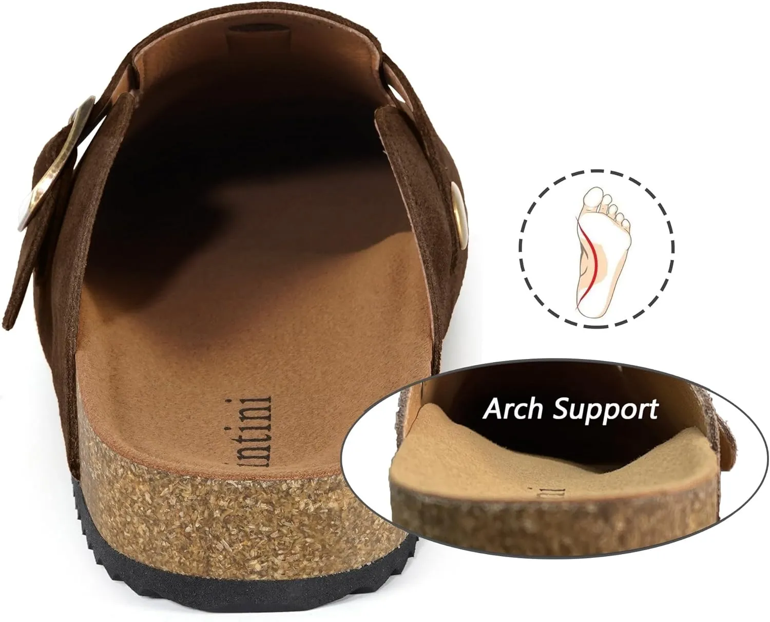Intini Womens Suede Clogs Mens Leather Mules Cork Footbed Sandals with Arch Support