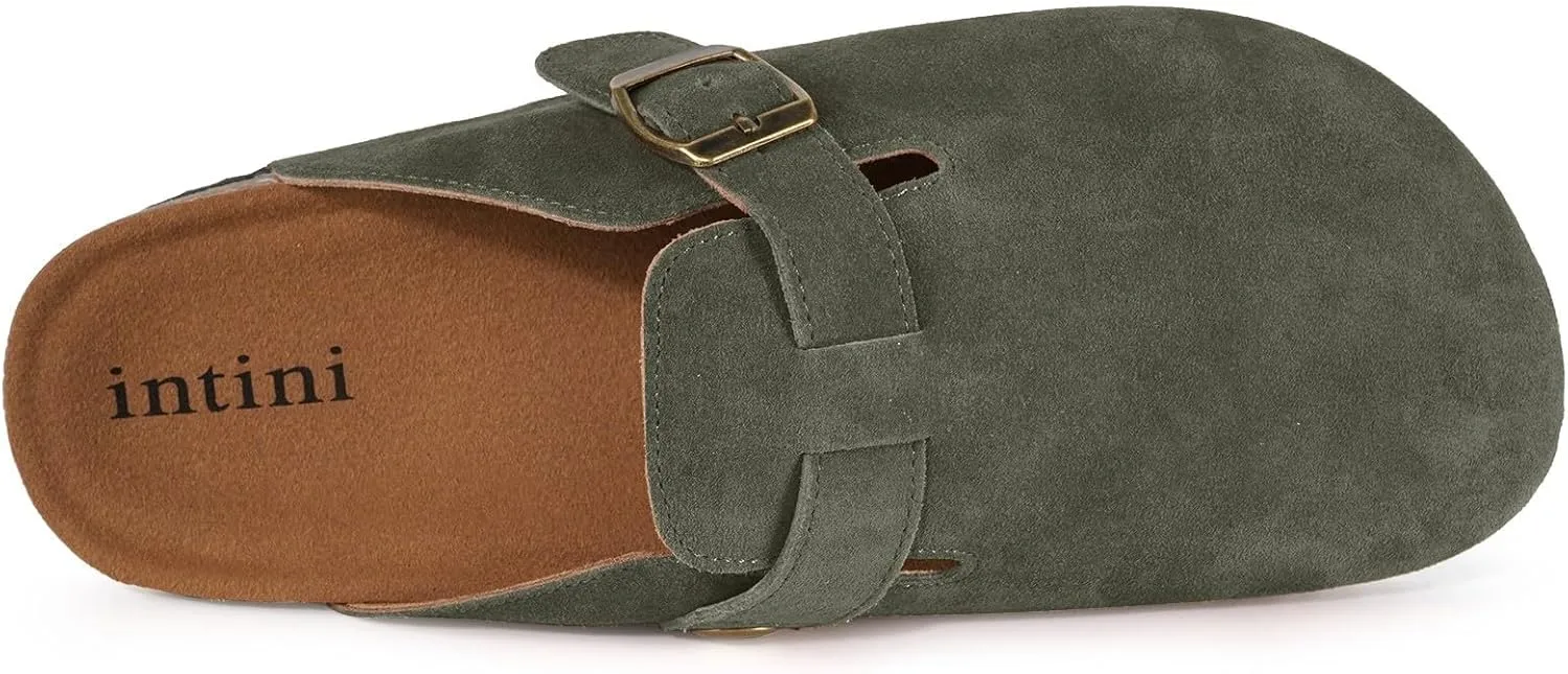 Intini Womens Suede Clogs Mens Leather Mules Cork Footbed Sandals with Arch Support