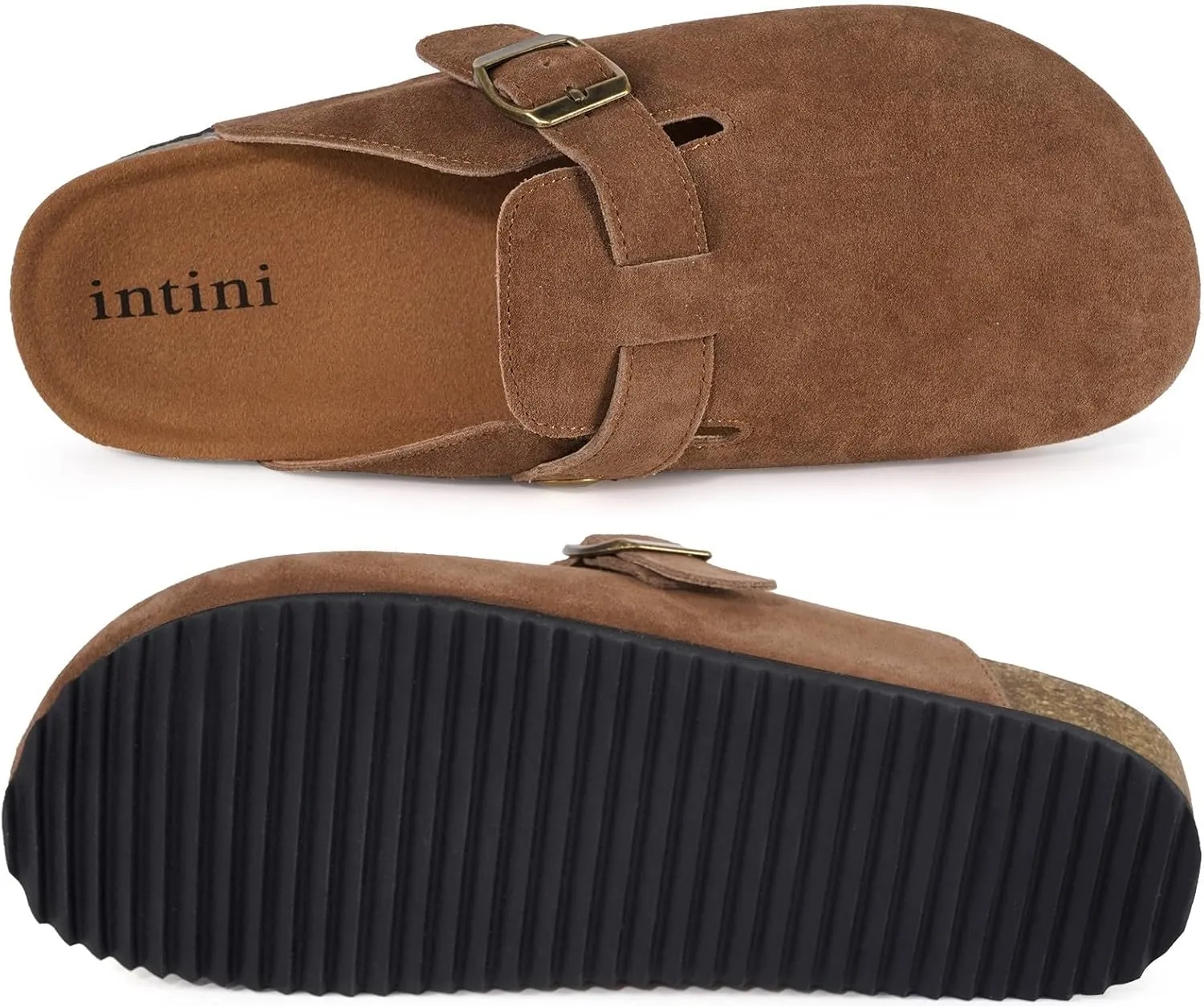 Intini Womens Suede Clogs Mens Leather Mules Cork Footbed Sandals with Arch Support