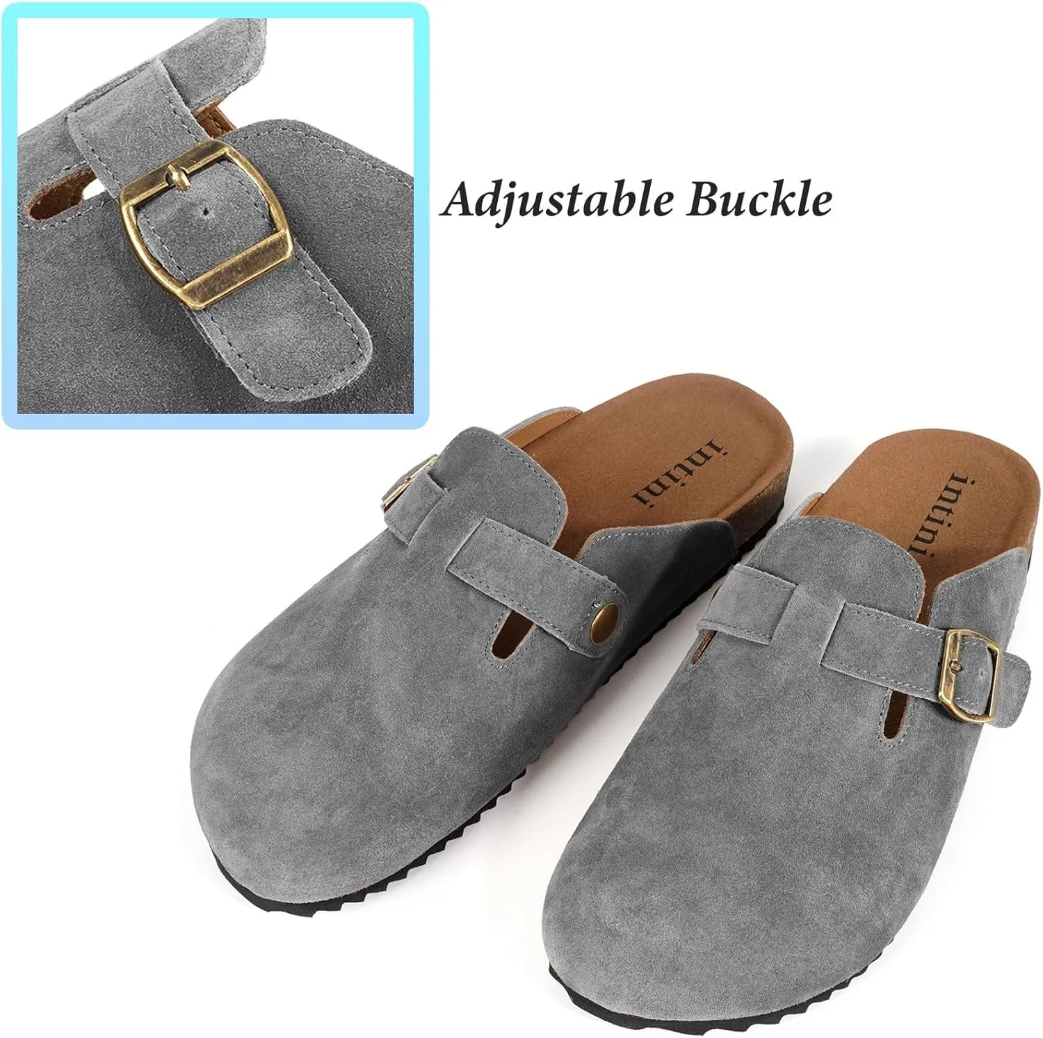 Intini Womens Suede Clogs Mens Leather Mules Cork Footbed Sandals with Arch Support