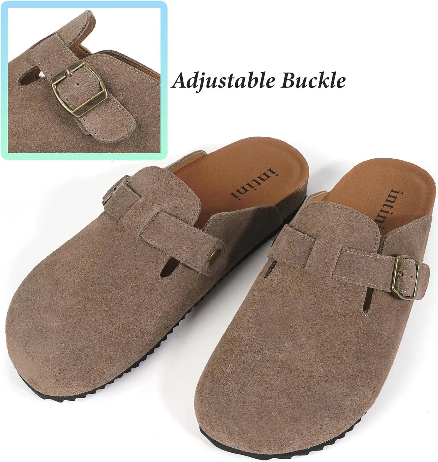 Intini Womens Suede Clogs Mens Leather Mules Cork Footbed Sandals with Arch Support