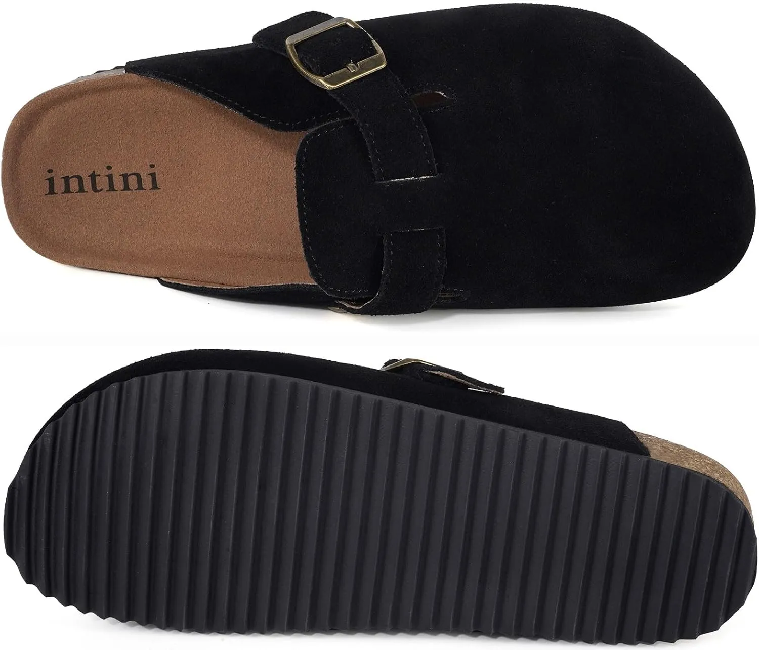 Intini Womens Suede Clogs Mens Leather Mules Cork Footbed Sandals with Arch Support