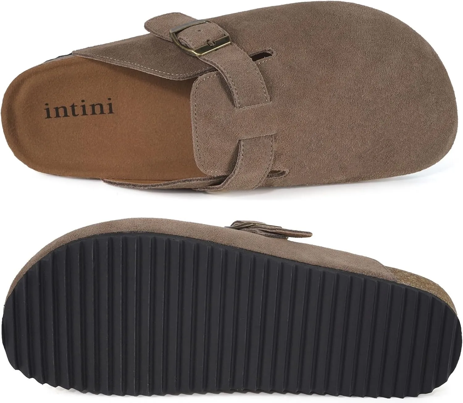 Intini Womens Suede Clogs Mens Leather Mules Cork Footbed Sandals with Arch Support