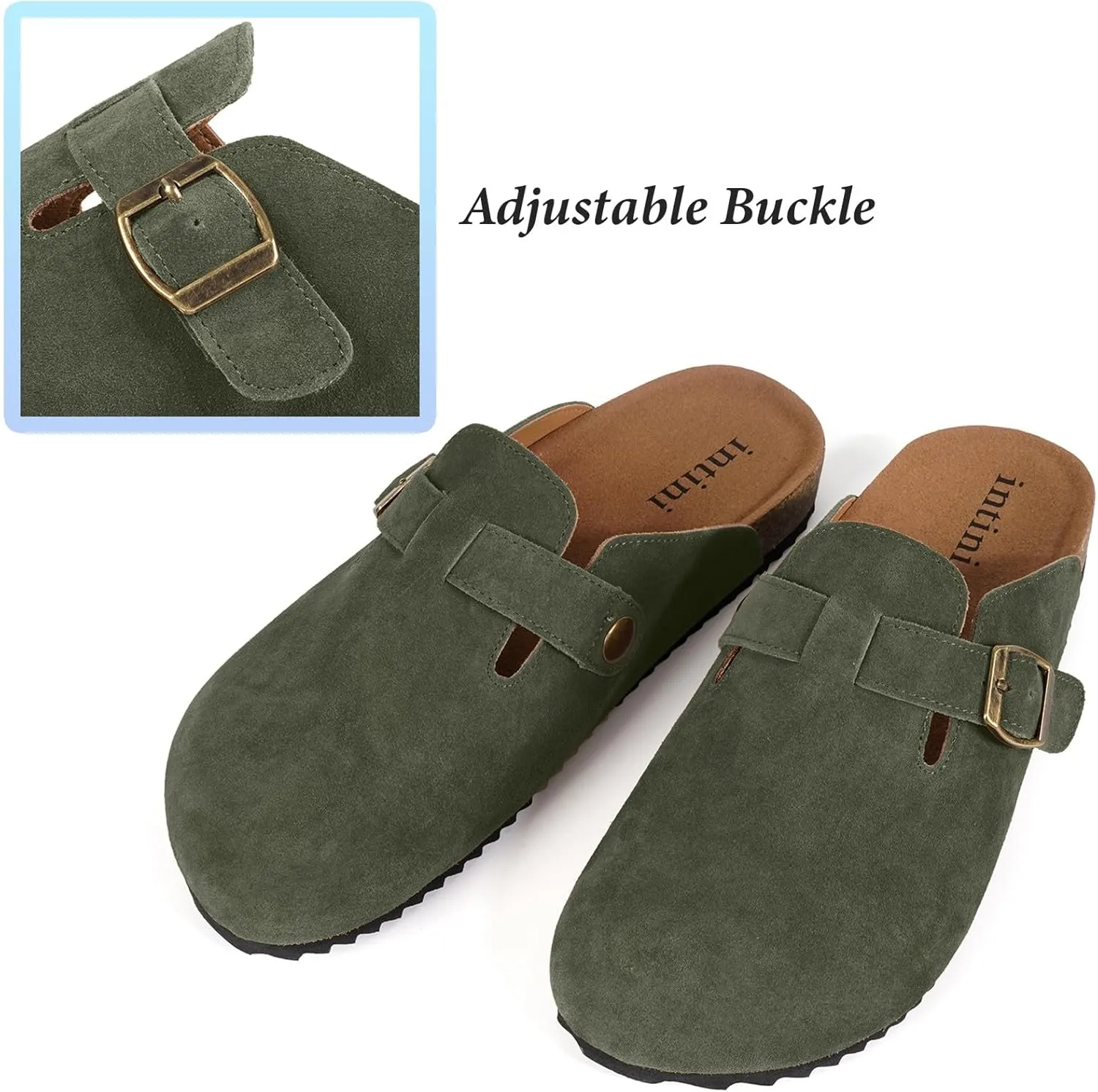 Intini Womens Suede Clogs Mens Leather Mules Cork Footbed Sandals with Arch Support