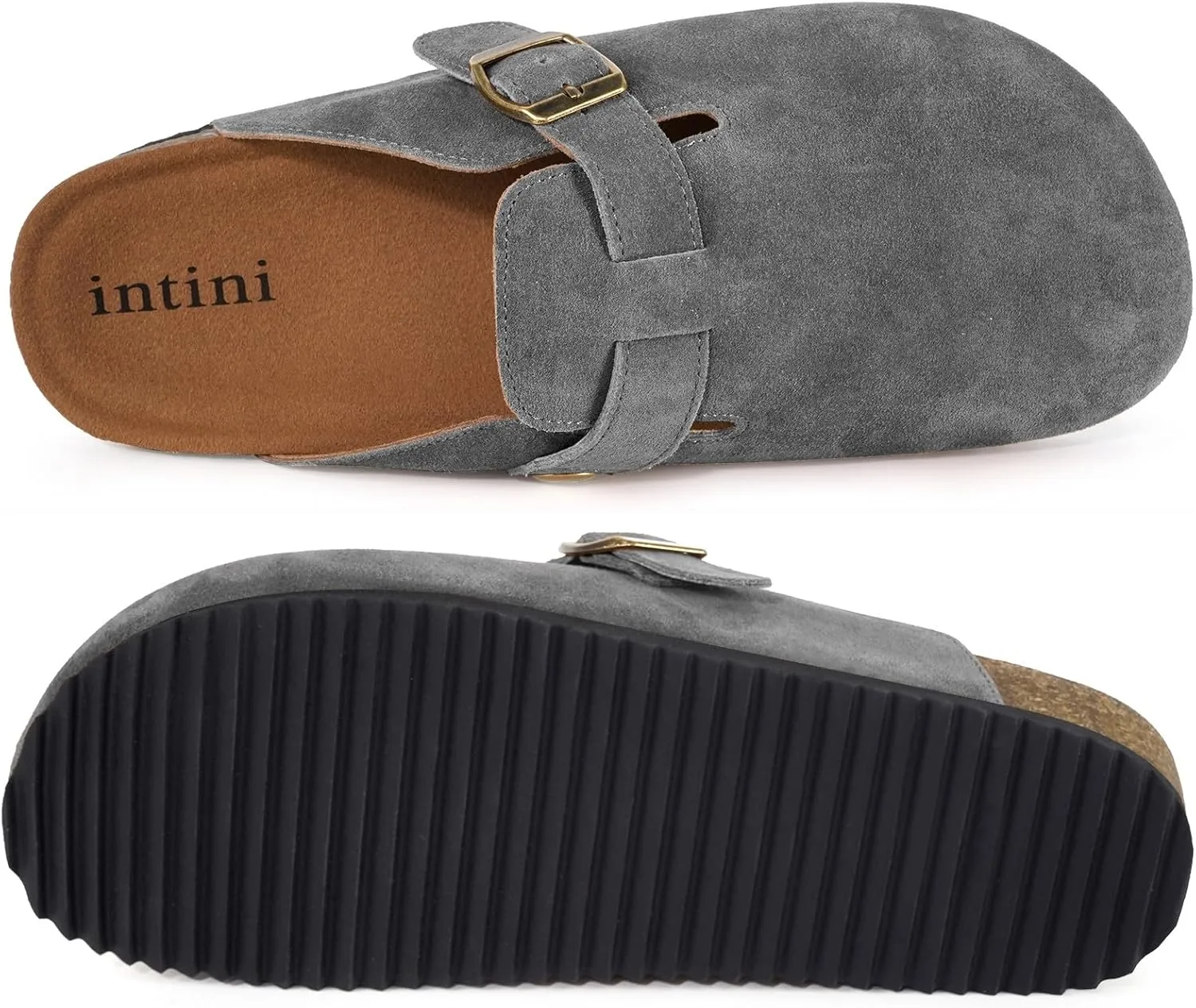 Intini Womens Suede Clogs Mens Leather Mules Cork Footbed Sandals with Arch Support