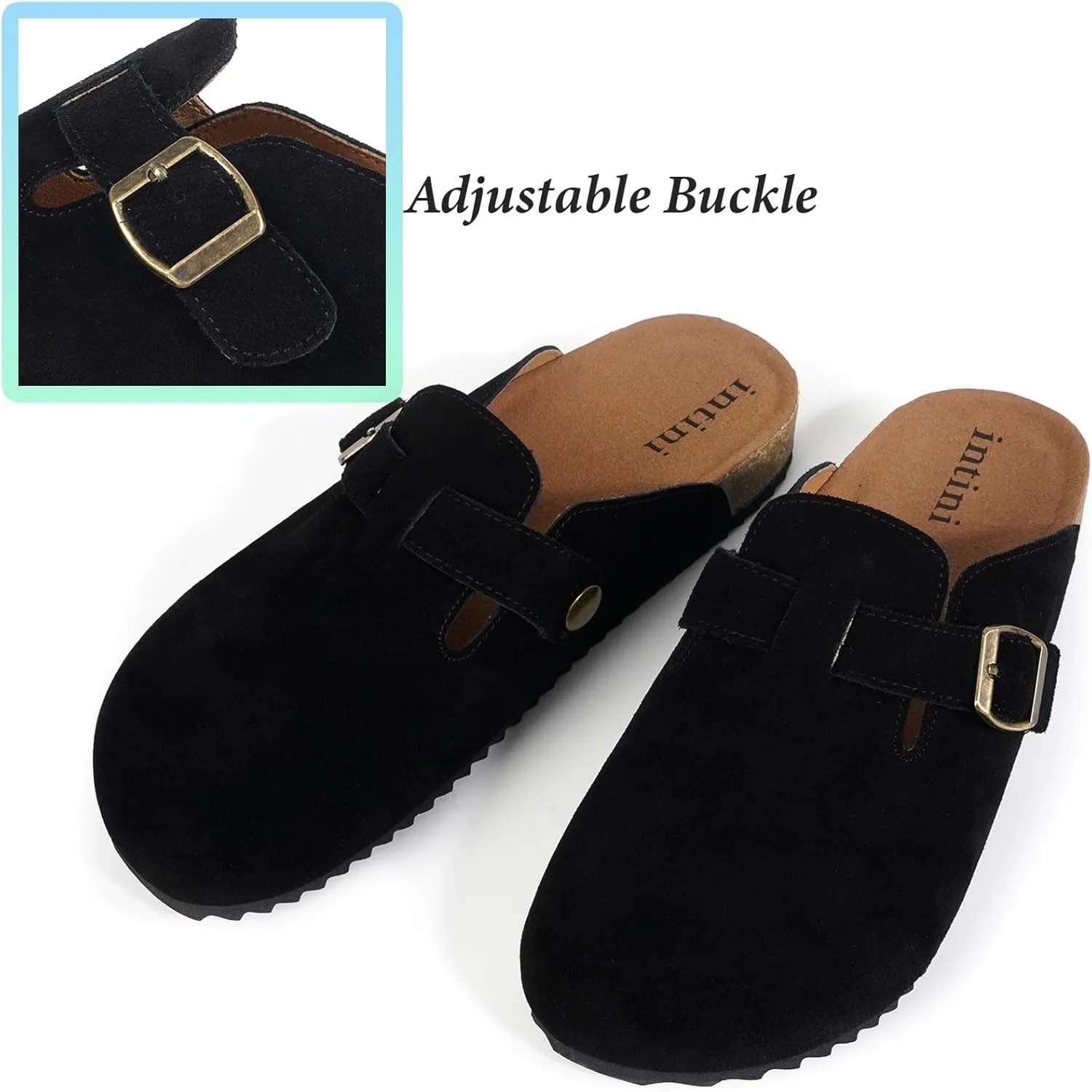 Intini Womens Suede Clogs Mens Leather Mules Cork Footbed Sandals with Arch Support