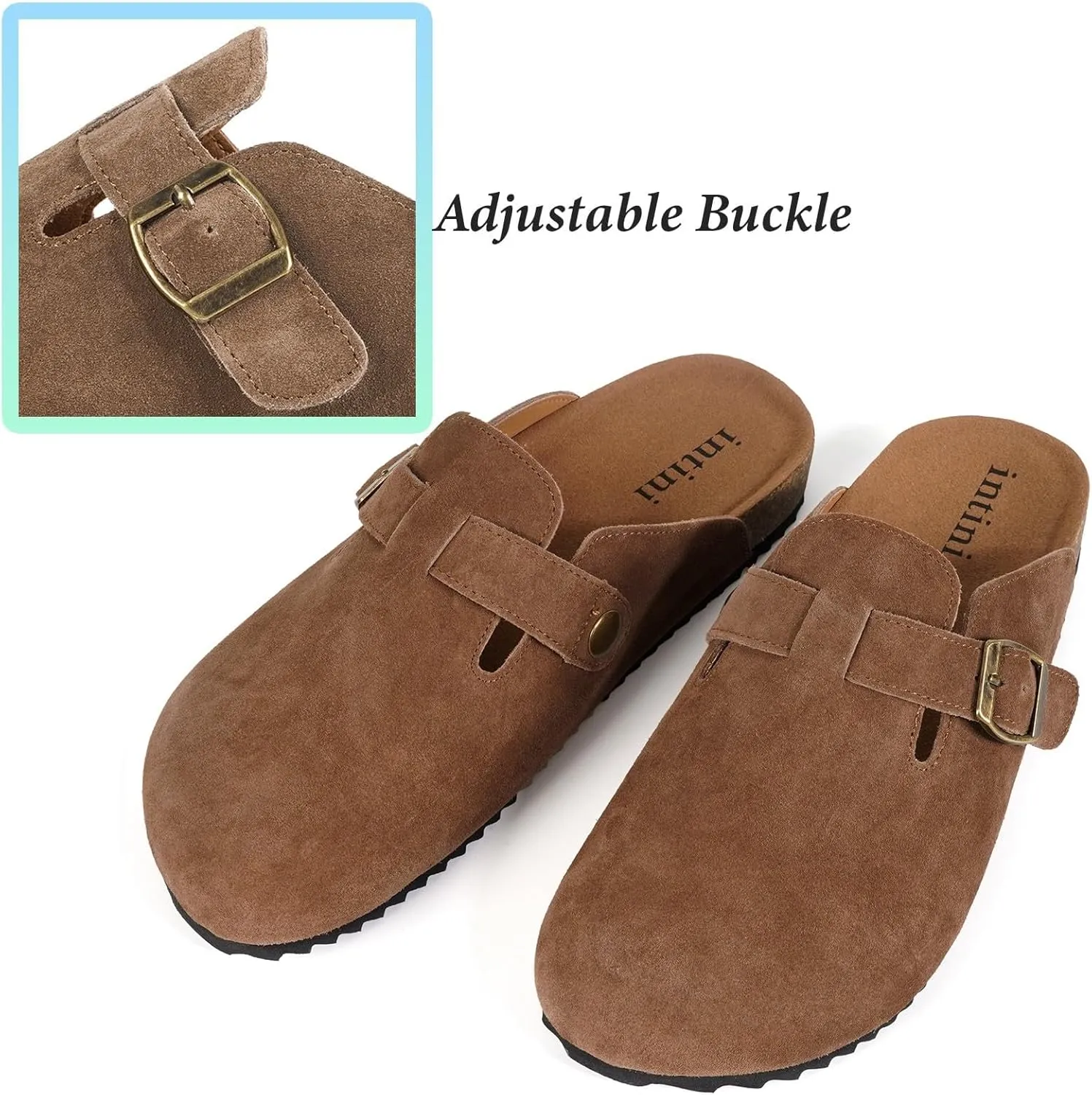 Intini Womens Suede Clogs Mens Leather Mules Cork Footbed Sandals with Arch Support