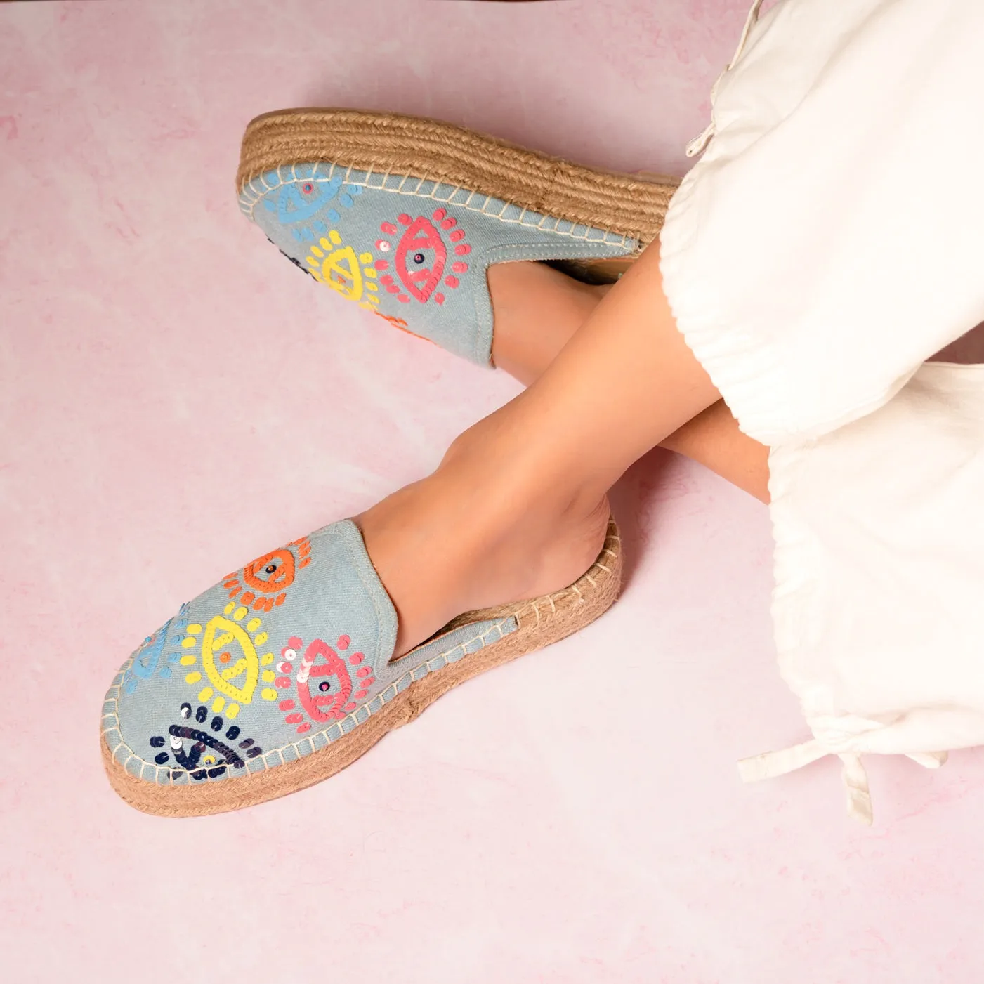 Joie Evil Eye Espadrilles Denim Platforms