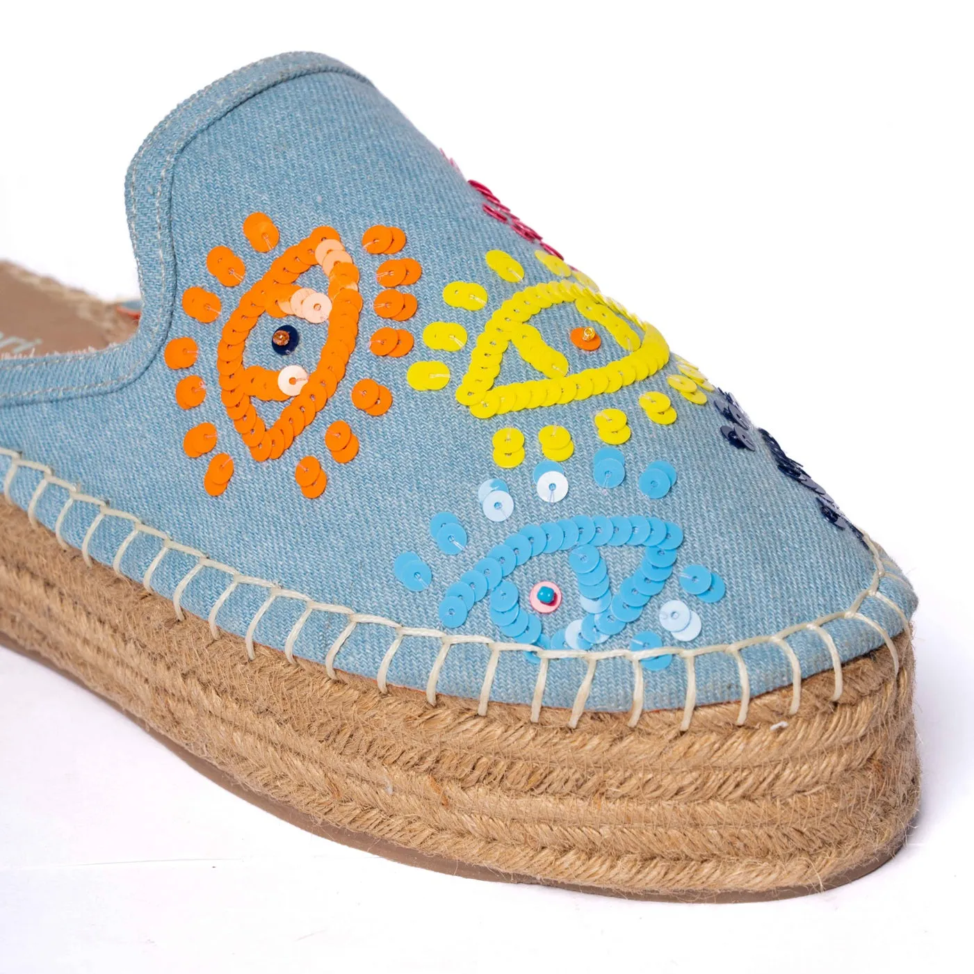 Joie Evil Eye Espadrilles Denim Platforms