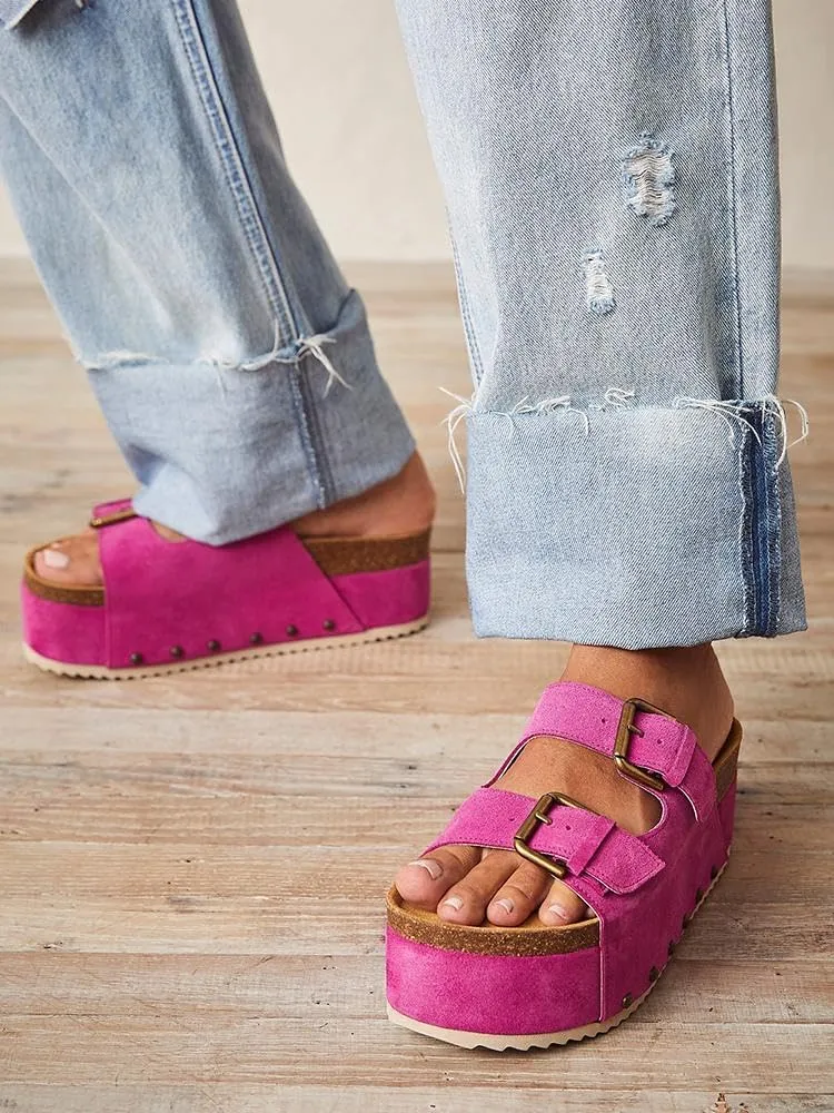 JORISTIMO Women's Cork Flatform Sandals Dual Buckled Band Suede Clogs Platform Slip On Sandals