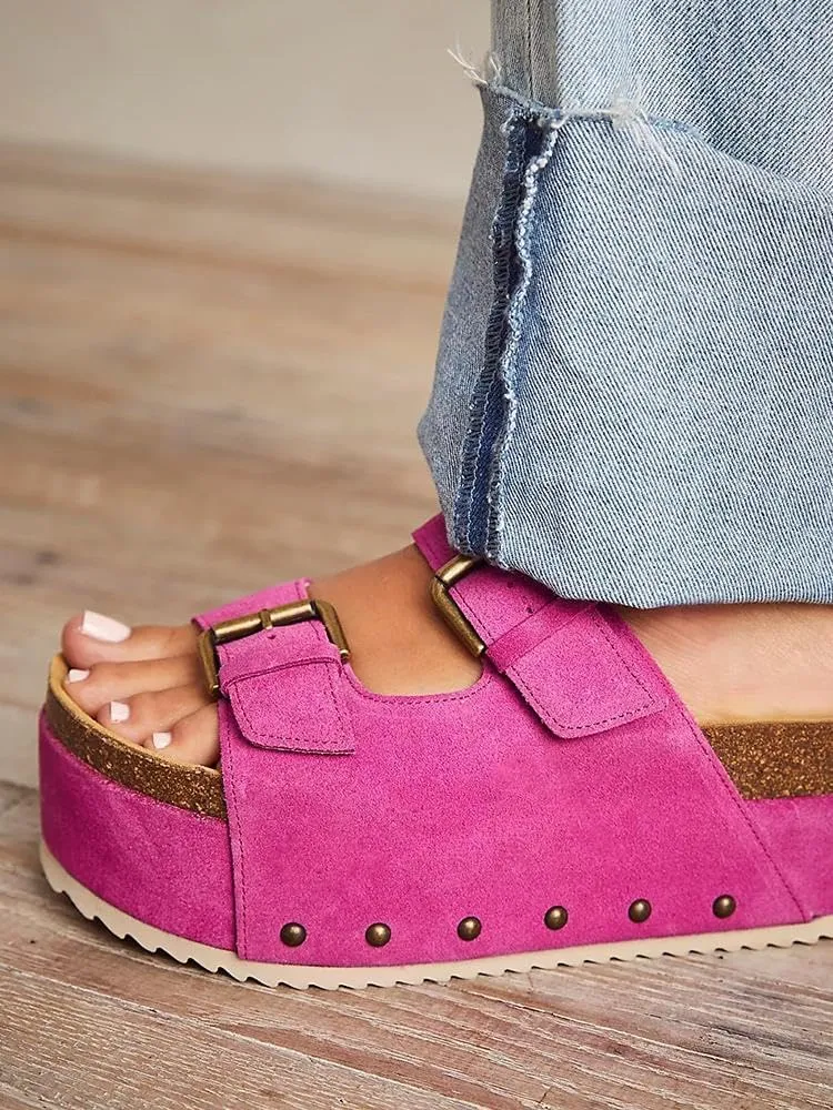 JORISTIMO Women's Cork Flatform Sandals Dual Buckled Band Suede Clogs Platform Slip On Sandals