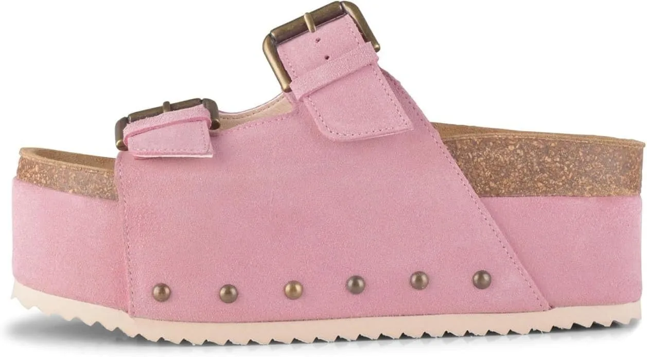 JORISTIMO Women's Cork Flatform Sandals Dual Buckled Band Suede Clogs Platform Slip On Sandals