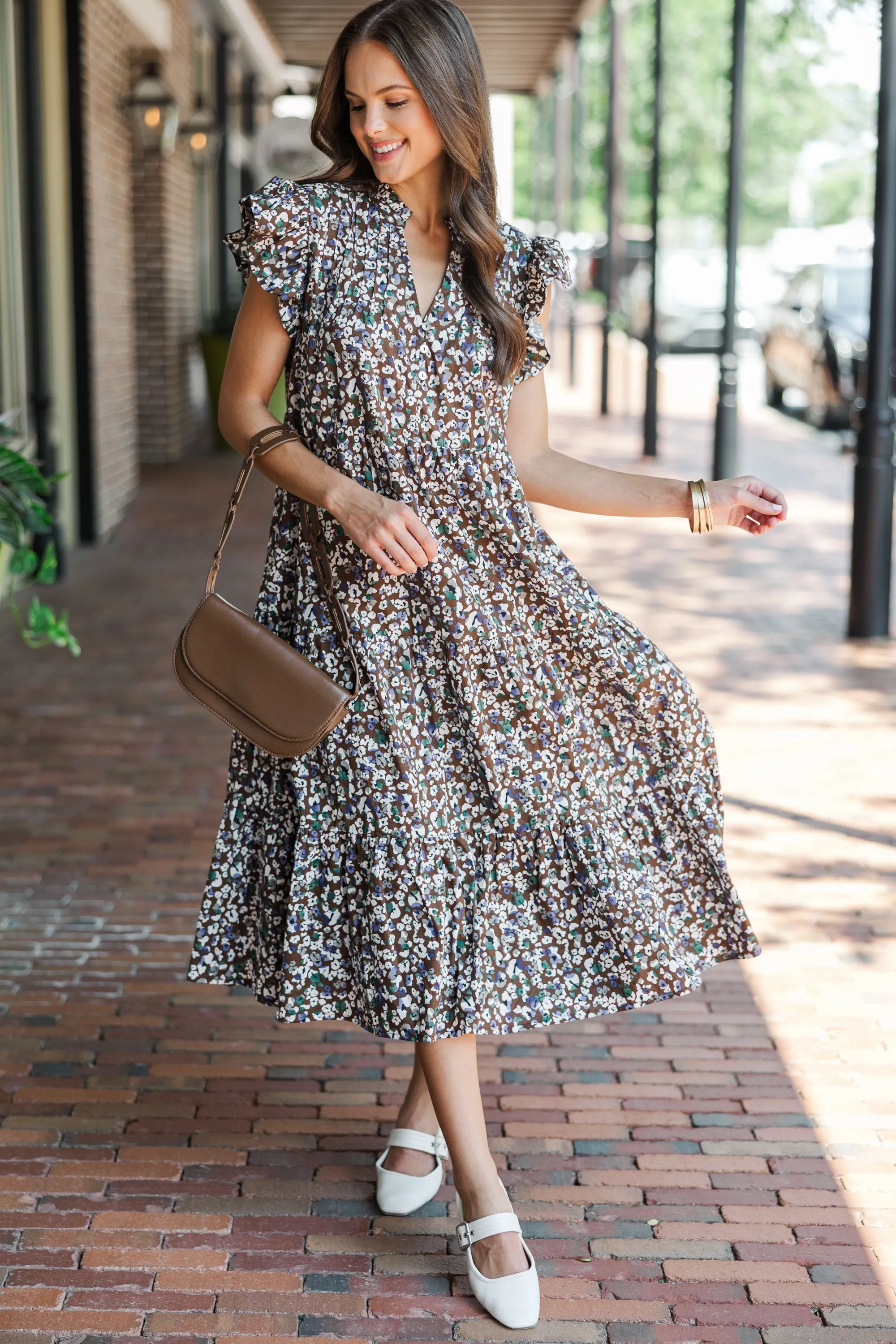 Just For Today Brown Ditsy Floral Midi Dress