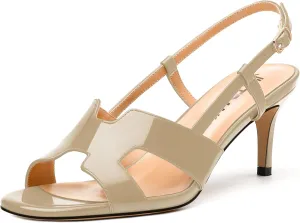 JUSTDANNI Women Slingback Strappy Dress Sandals Square Open Toe Patent Heeled Sandals Low kitten Heels for Women Comfortable Casual