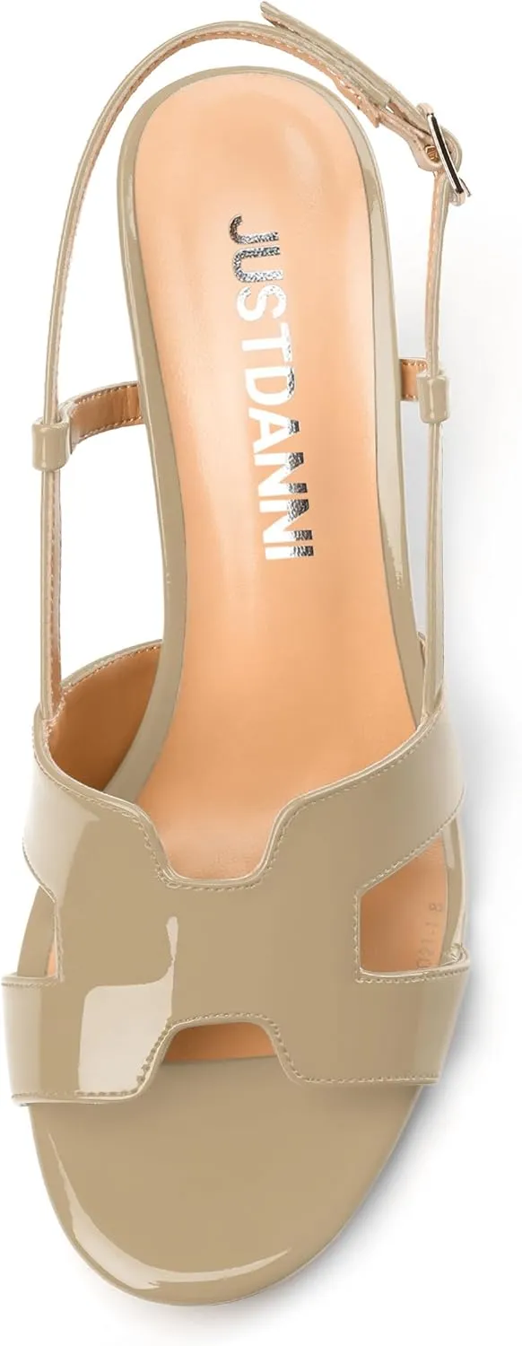 JUSTDANNI Women Slingback Strappy Dress Sandals Square Open Toe Patent Heeled Sandals Low kitten Heels for Women Comfortable Casual
