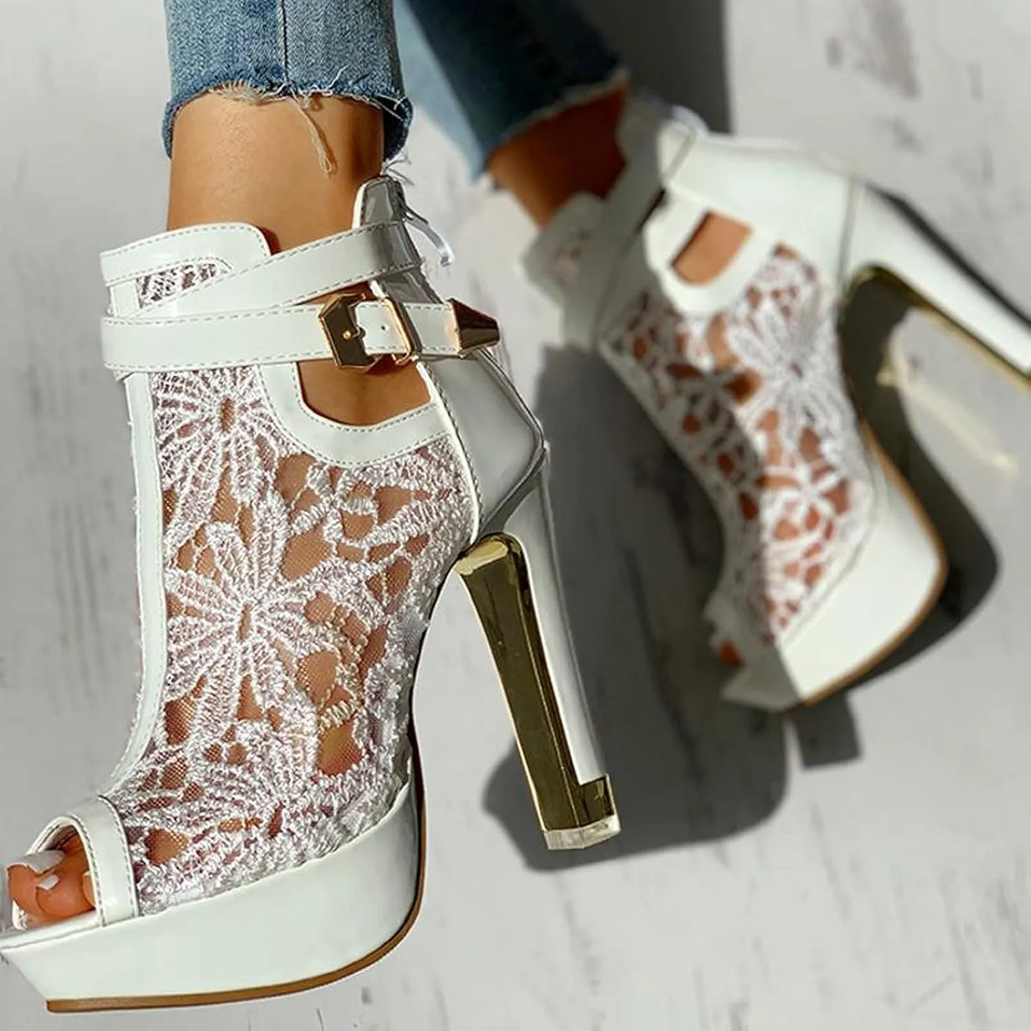Lace Booties for Women Peep Toe Dress Shoes Platform High Heels Pretty Bridal Shoes with Ankle Buckle Strap