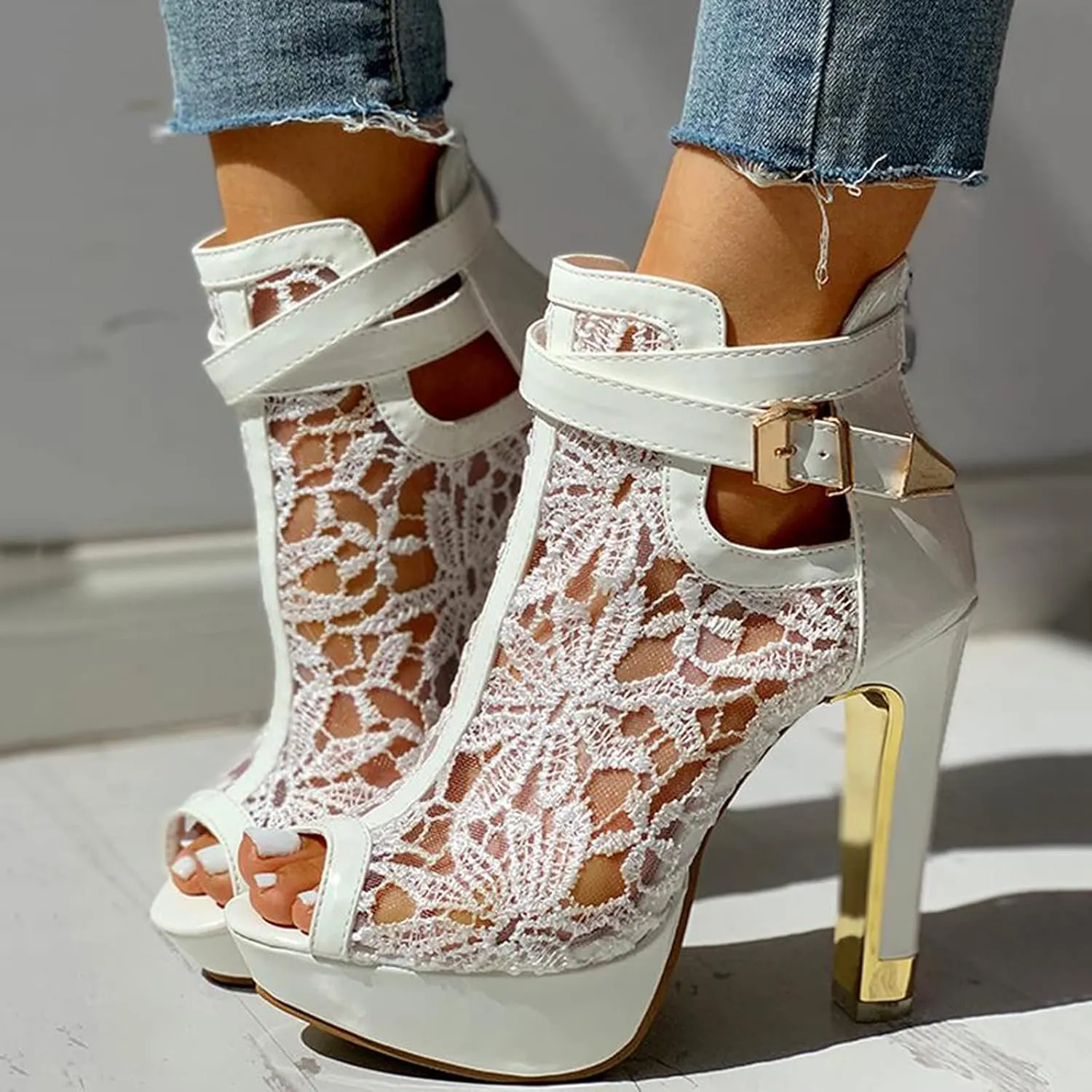 Lace Booties for Women Peep Toe Dress Shoes Platform High Heels Pretty Bridal Shoes with Ankle Buckle Strap