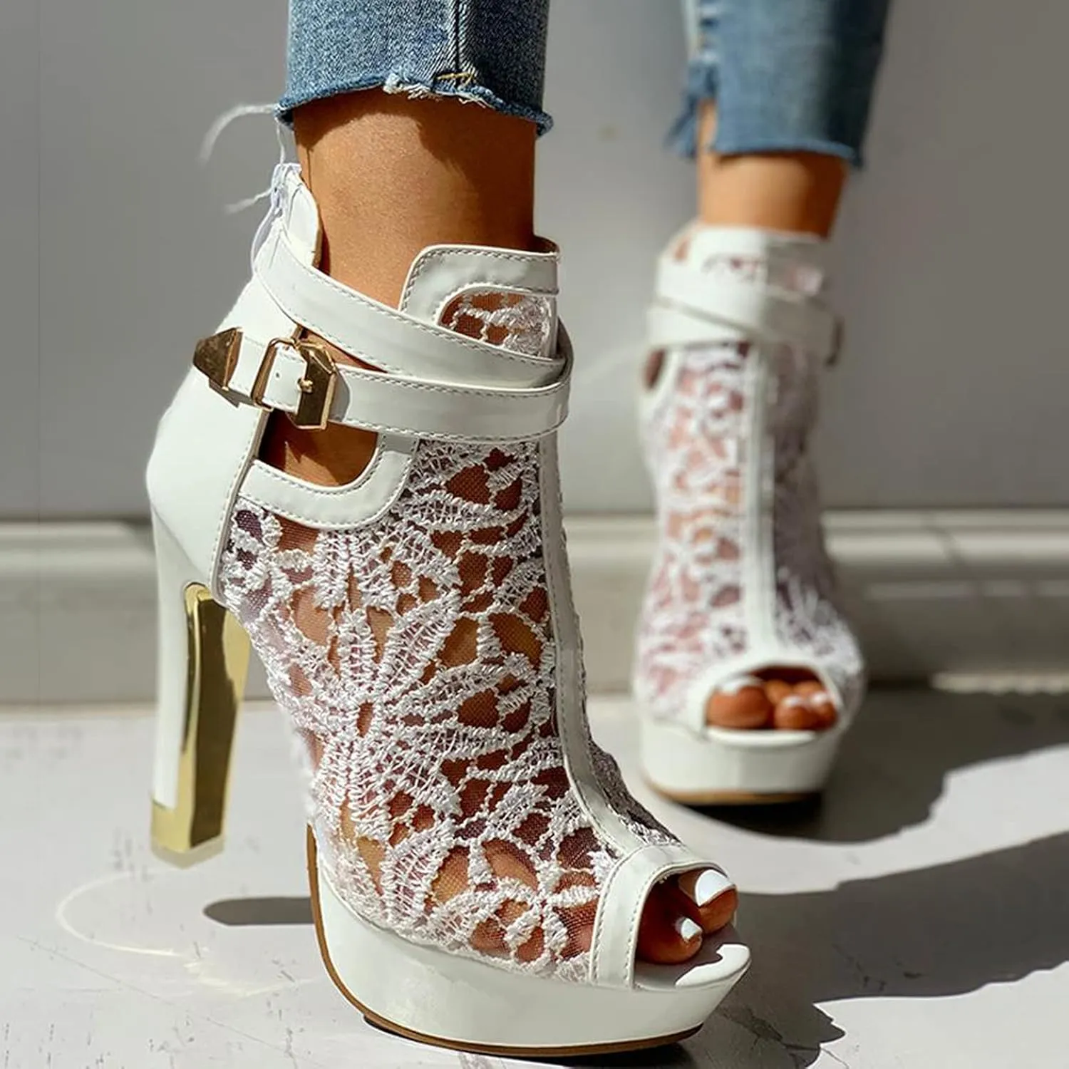 Lace Booties for Women Peep Toe Dress Shoes Platform High Heels Pretty Bridal Shoes with Ankle Buckle Strap