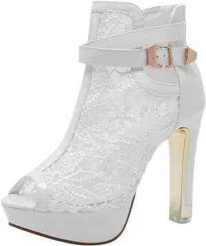 Lace Booties for Women Peep Toe Dress Shoes Platform High Heels Pretty Bridal Shoes with Ankle Buckle Strap