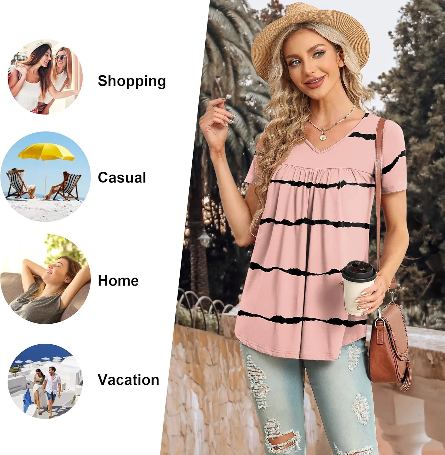LAOLASI Womens Summer Tunic Tops 2025 V Neck Short Sleeve Shirt Casual Tee Flowy Blouse S-3XL