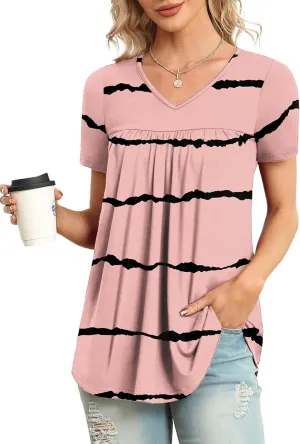LAOLASI Womens Summer Tunic Tops 2025 V Neck Short Sleeve Shirt Casual Tee Flowy Blouse S-3XL