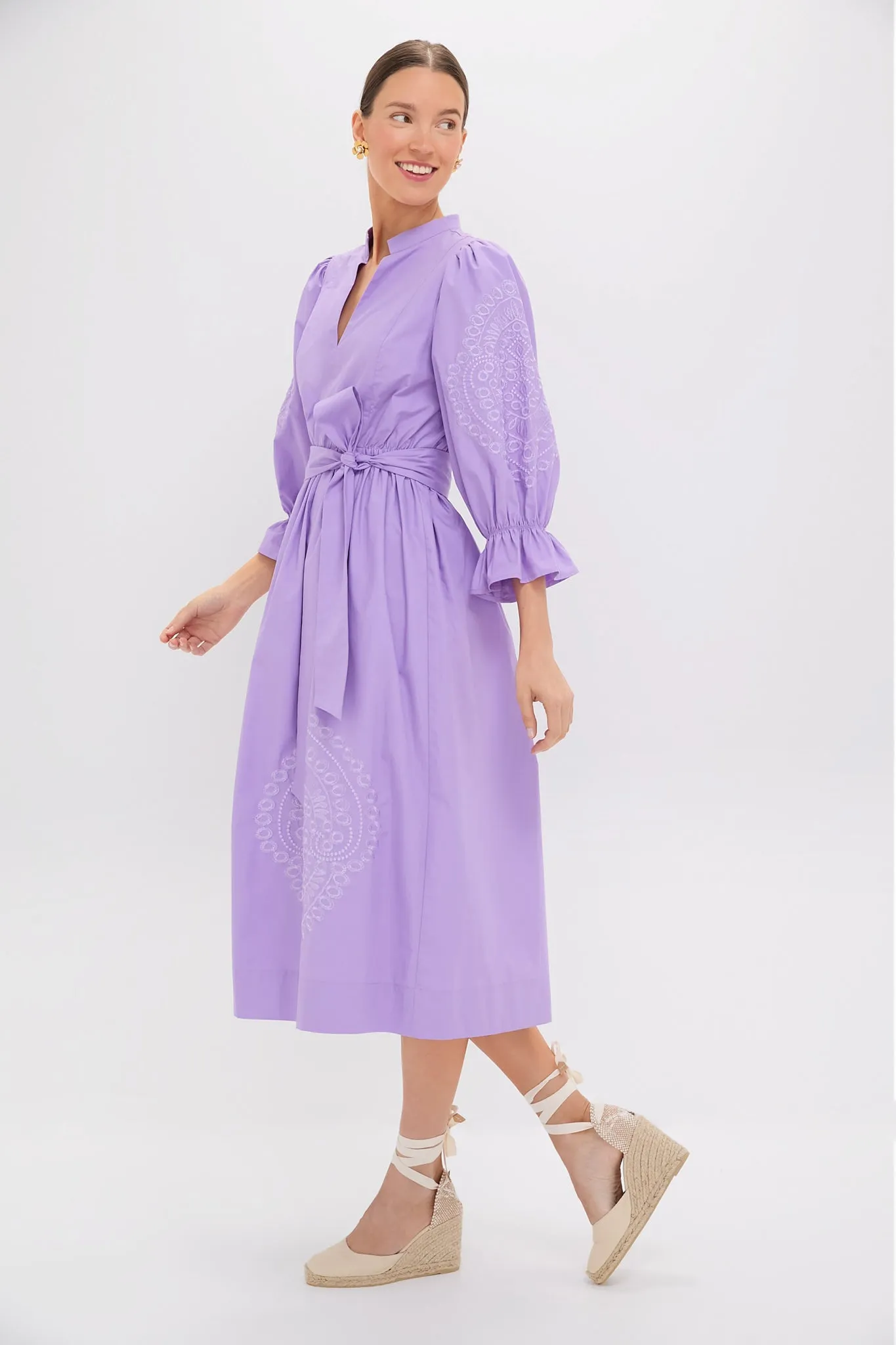 Lavender Embroidery Dowling Midi Dress
