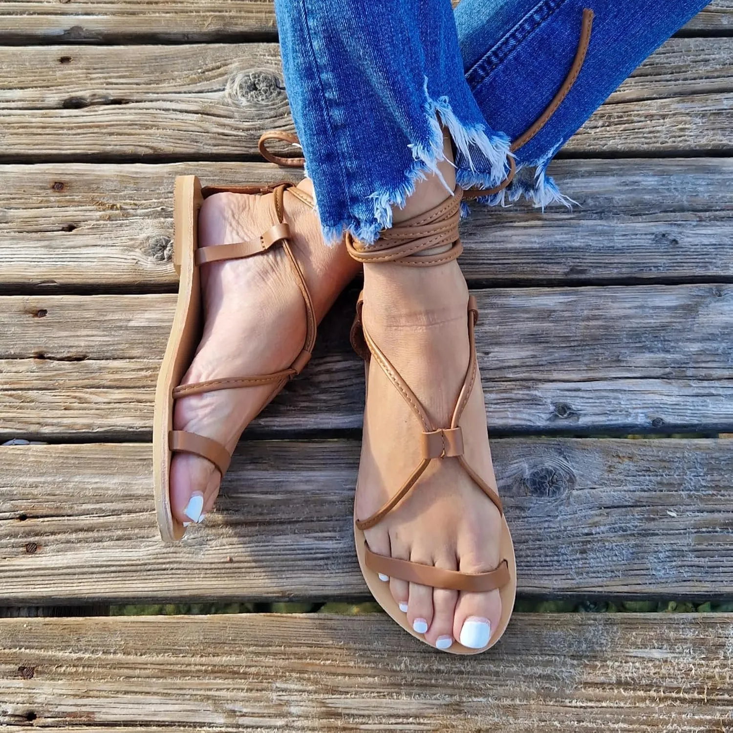 Leather Greek tie up sandals, Lace Up Leather Sandals for Women, Barefoot Sandals, Gladiator Sandals, Summer Shoes, Bridesmaid Gift, Handmade flats, Beach shoes (US 8, Brown)… (7 US, Brown)