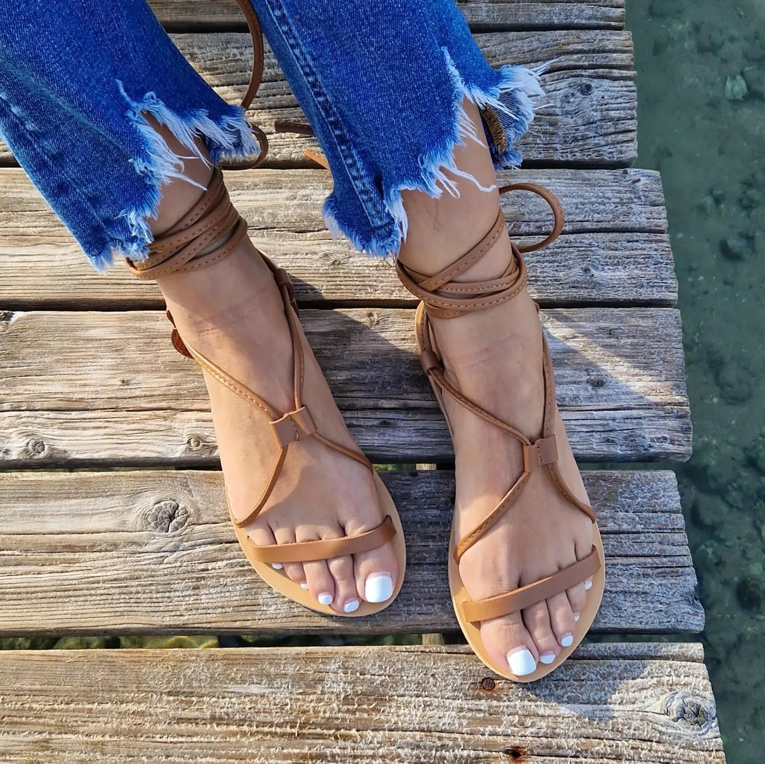 Leather Greek tie up sandals, Lace Up Leather Sandals for Women, Barefoot Sandals, Gladiator Sandals, Summer Shoes, Bridesmaid Gift, Handmade flats, Beach shoes (US 8, Brown)… (7 US, Brown)
