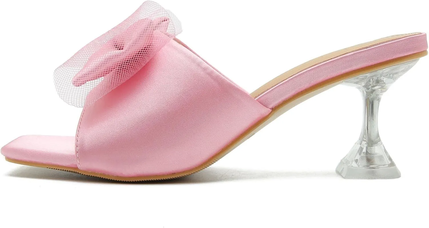 LIURUIJIA Women's Bow Heels Mules Sandals Square Toe Slip On Low Kitten Heels Wedding Bridal Dress Shoes