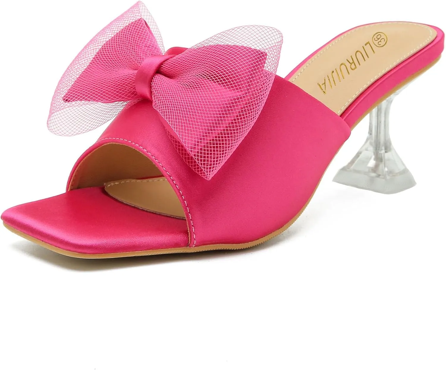 LIURUIJIA Women's Bow Heels Mules Sandals Square Toe Slip On Low Kitten Heels Wedding Bridal Dress Shoes
