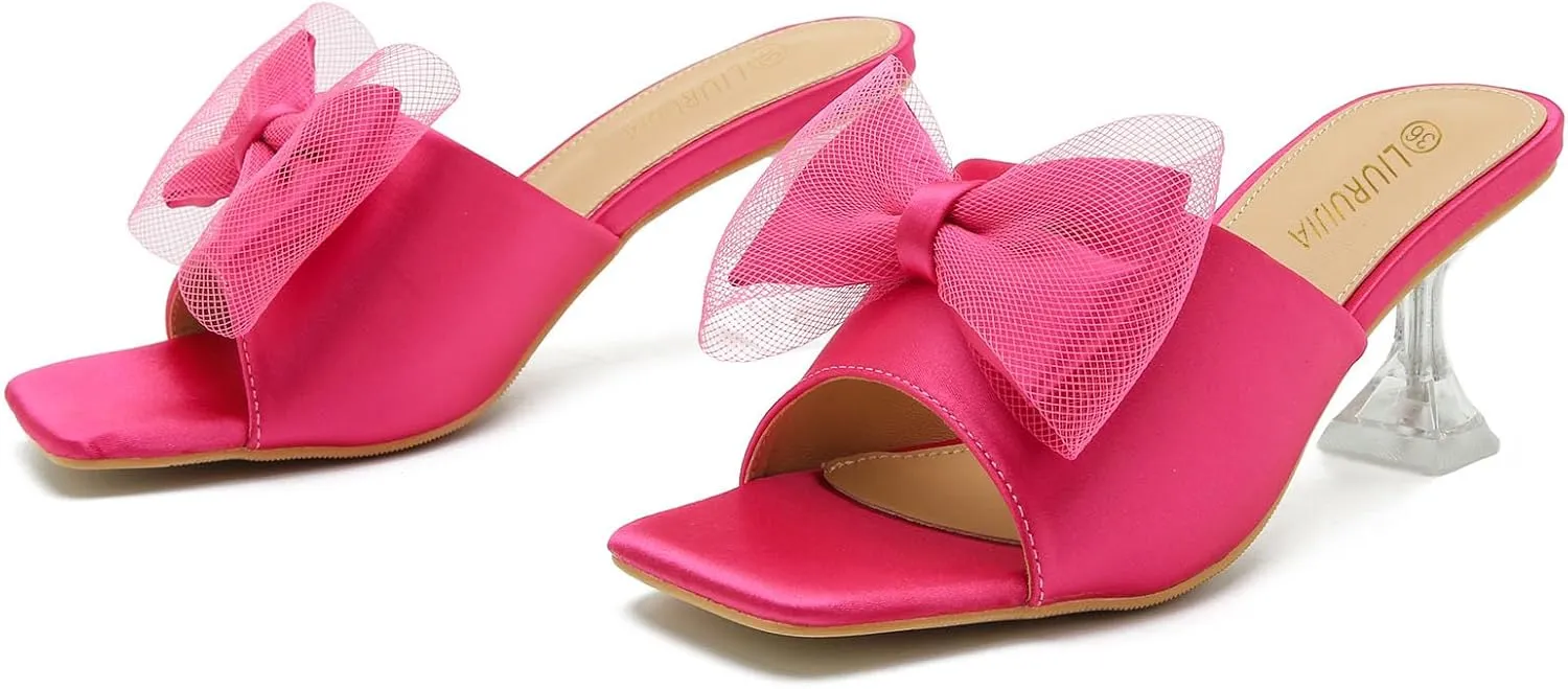 LIURUIJIA Women's Bow Heels Mules Sandals Square Toe Slip On Low Kitten Heels Wedding Bridal Dress Shoes