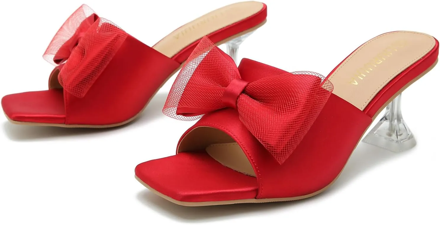LIURUIJIA Women's Bow Heels Mules Sandals Square Toe Slip On Low Kitten Heels Wedding Bridal Dress Shoes